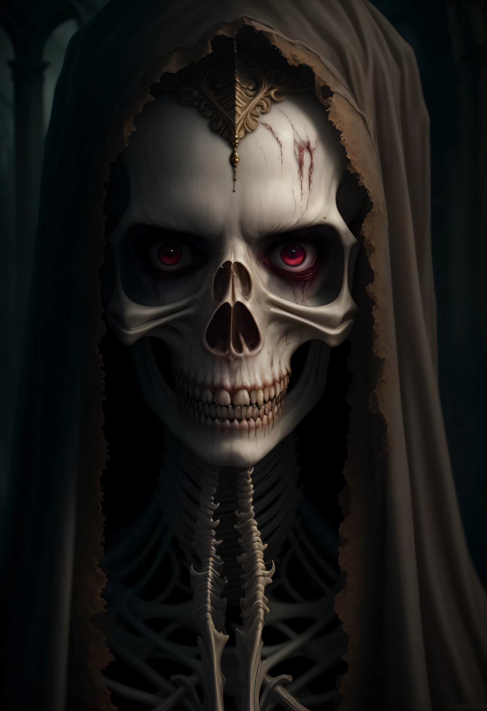((best quality)), ((masterpiece)), ((ultra realistic)), (close up soft oil painting), vast haunted graveyard, terrifying female spectral ghost in an ancient graveyard, (ugly gaunt evil expression), ((emaciated)), (ethereal body), ripped clothing, ((everything see-through, ephemeral)), visible bones, stretched skin over a skull like face, professional, dramatic cinematic lighting, soft edge lighting,