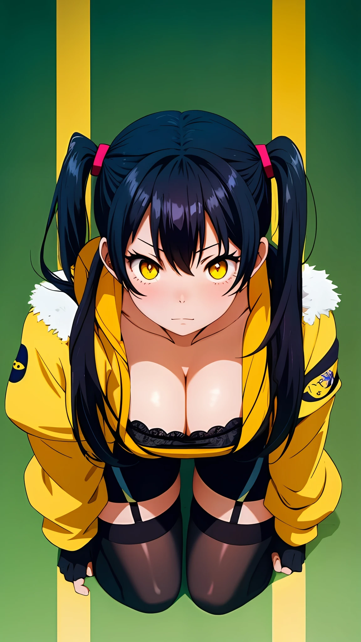 (tamaki kotatsu), Sexy, from above, facing viewer, face close up, cleavage, yellow eyes, black hair, twintail, busty, solid background, full body, 8k, absurd quality, beautiful face, hands out of frame,absurd res, high res, (masterpiece:1.4), ultra-detailed, 1girl, from front, jumping, stockings, black hair, heart shape eyes, yellow eyes, garter belt, yandere, twintail