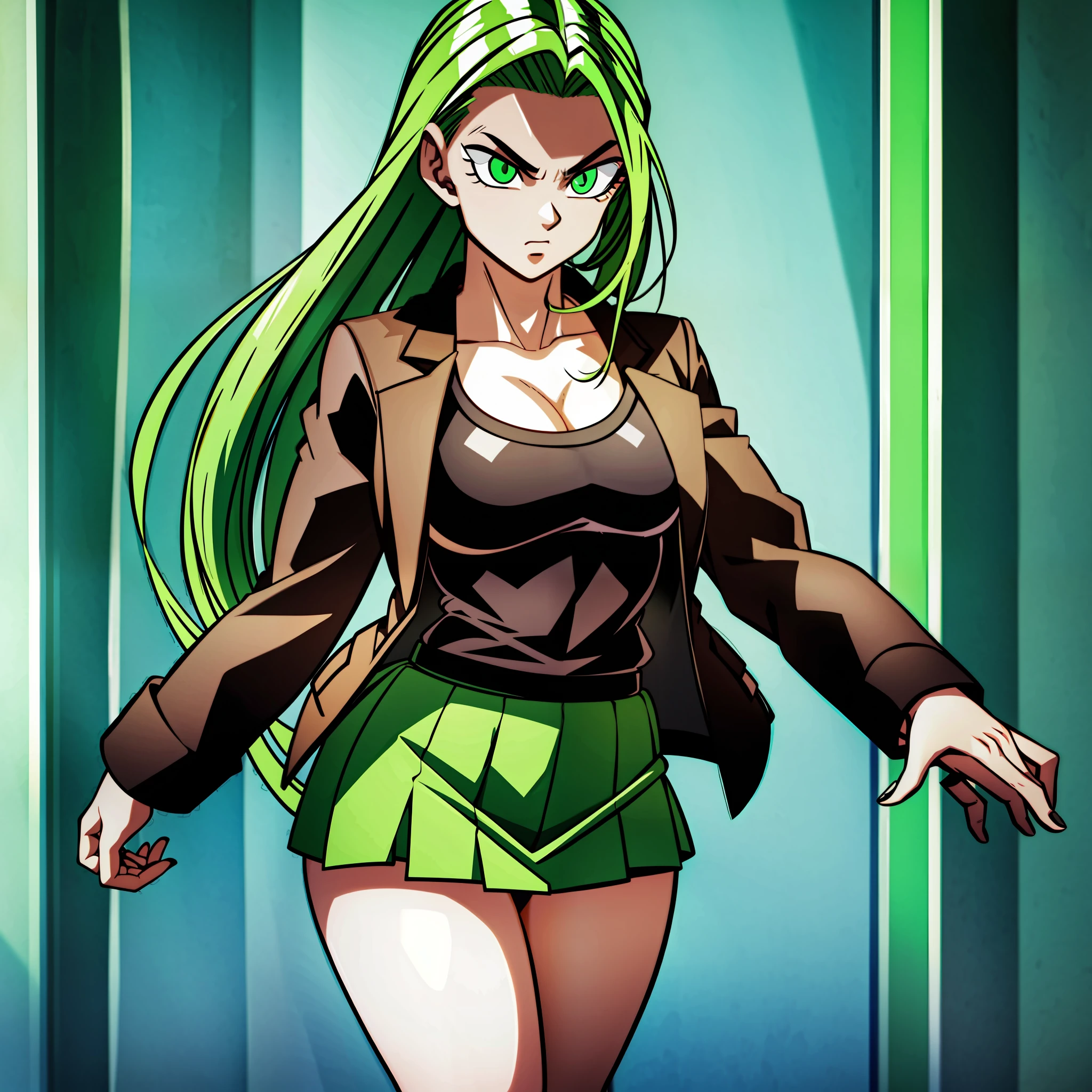 1girl, full body, eyebrows_visible_through_hair, muscles, stern look, medium breasts, black shirt, brown jacket, black skirt, visible thighs, full_body,  green_eyes, green_hair, long_sleeves, solo, standing