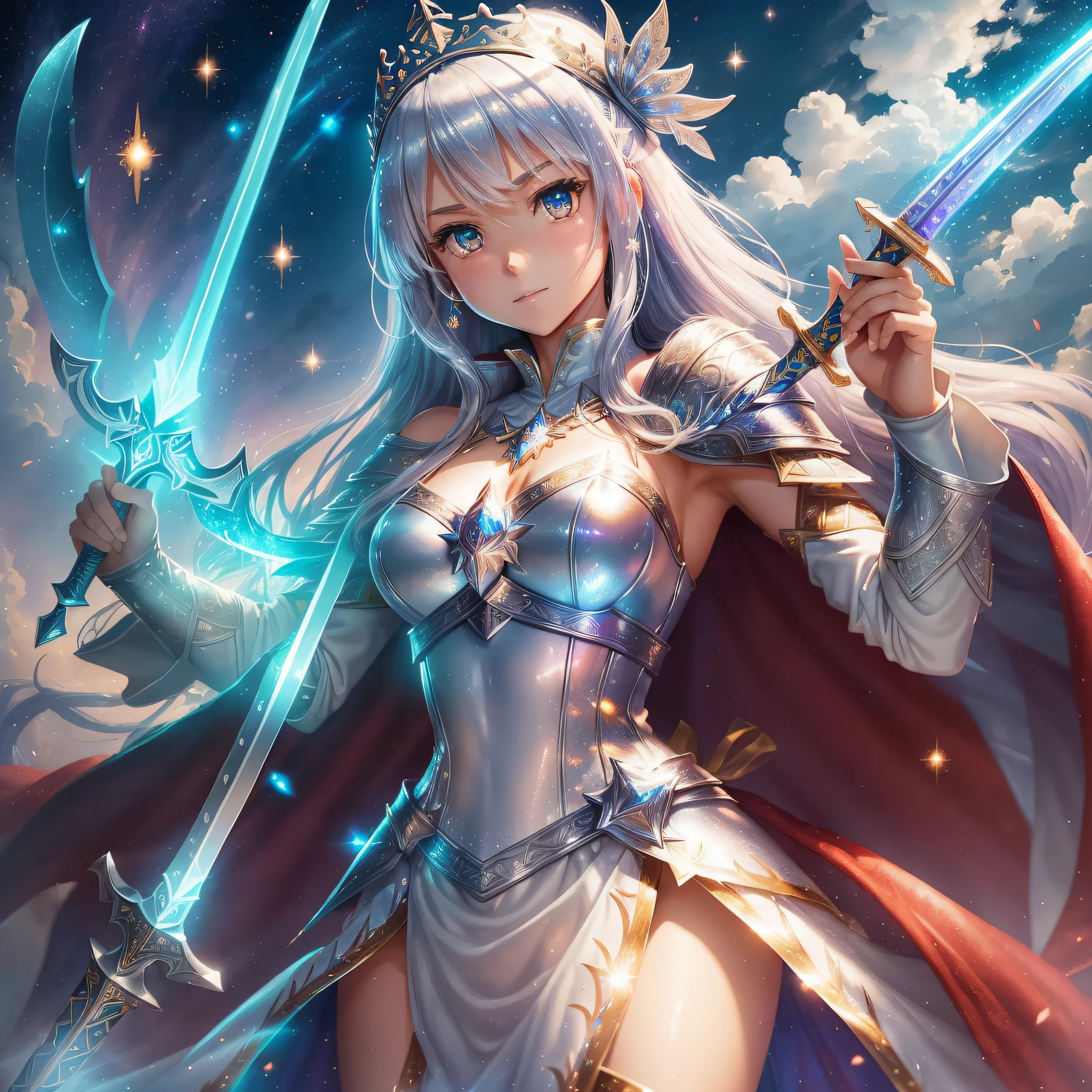 ((Ultra HD picture quality, super detailed, impeccable details)), (King Arthur style, girl image, holding a long sword), (sword body is shiny, fairy), (Elizabethna style, cute image), (looking at the anime world), white (wearing) off-the-shoulder (armor), battle stance, bright silver decoration (add description, curved glow), ((two-dimensional style, dream situation: sky tower)), , red cloak with sequins, background (two-dimensional distance), dreamy atmosphere, (HD zoom, fine display) --auto --s2