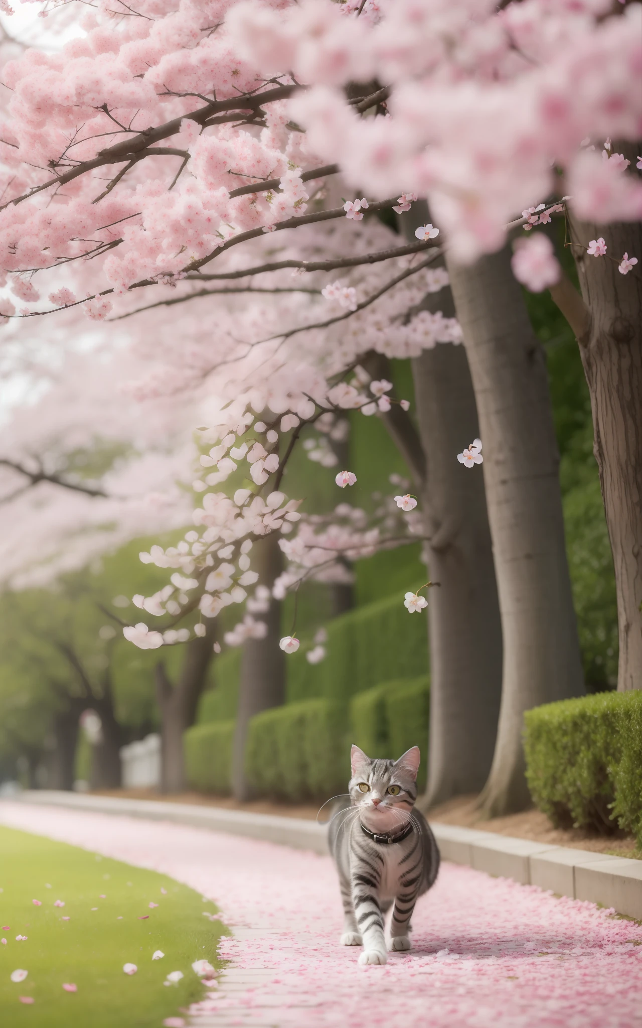 A silver tabby American Shorthair is frolicking under a cherry blossom tree. Its lively figure harmonizes with the pink petals and the spring scenery.