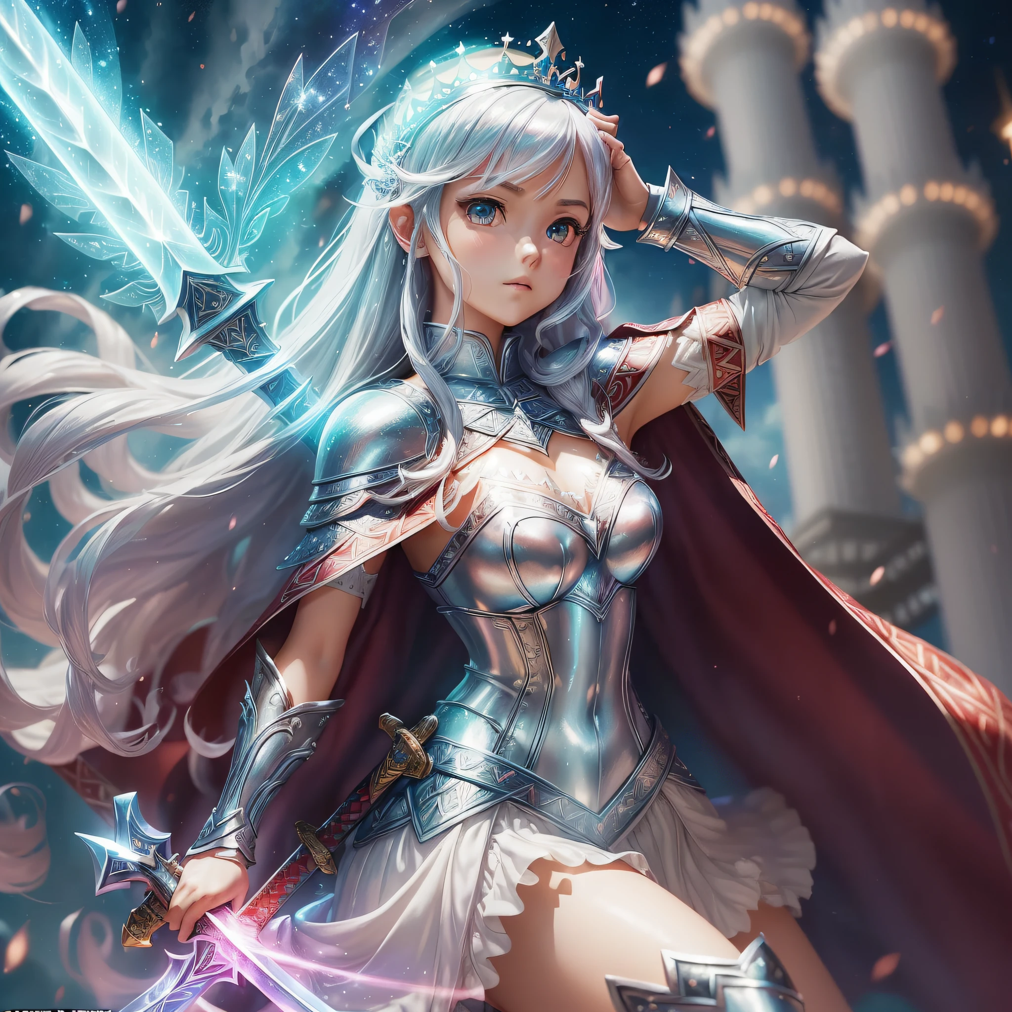 ((Ultra HD picture quality, super detailed, impeccable details)), (King Arthur style, girl image, holding a long sword), (sword body is shiny, fairy), (Elizabethna style, cute loli image), (looking at the anime world), white (wearing) off-the-shoulder (armor), battle stance, bright silver decoration (add description, curved glow), ((two-dimensional style, dream situation: sky tower)), , red cloak with sequins, background (two-dimensional distance), dreamy atmosphere, (HD zoom, fine display) --auto --s2