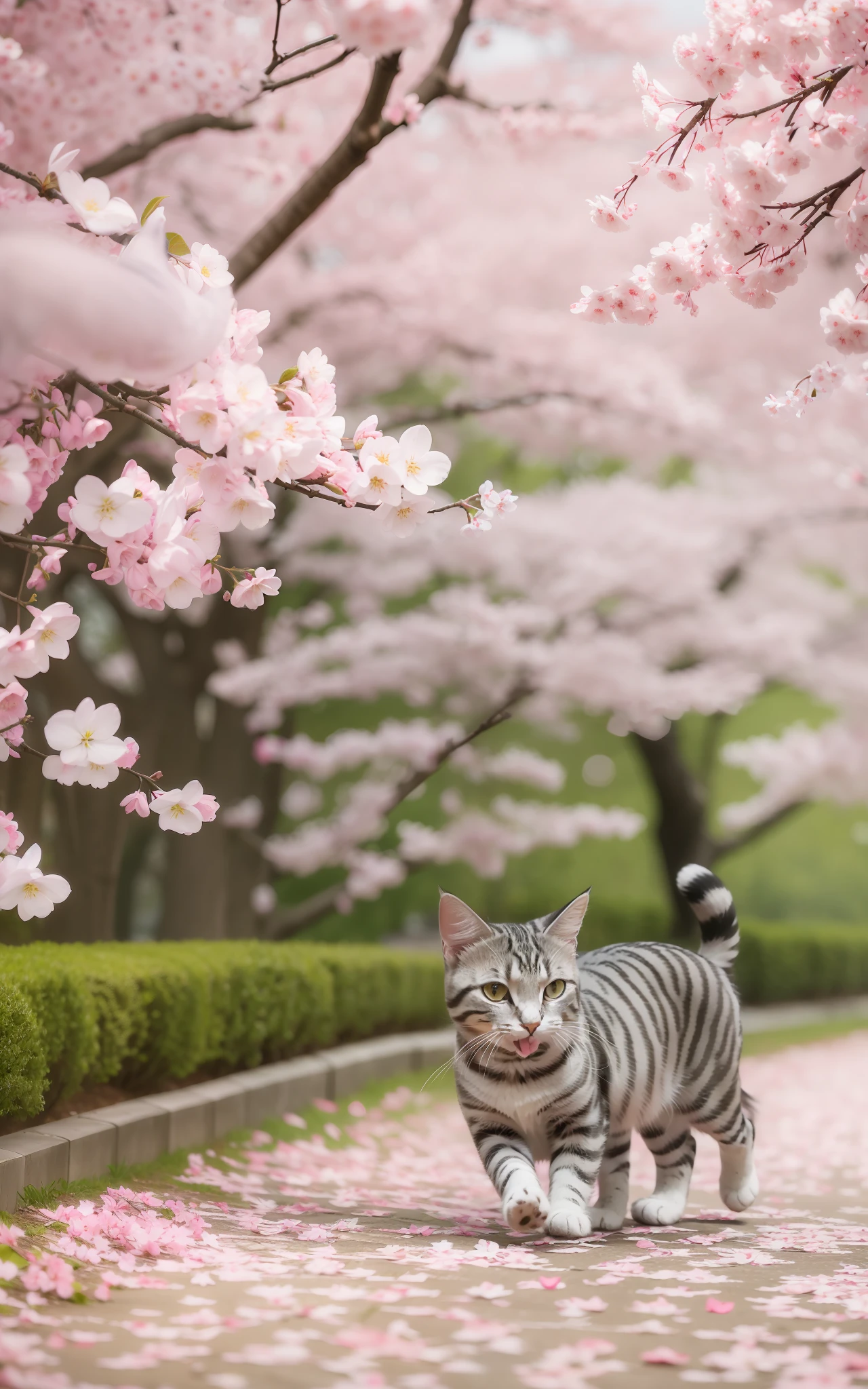 A silver tabby American Shorthair is frolicking under a cherry blossom tree. Its lively figure harmonizes with the pink petals and the spring scenery.