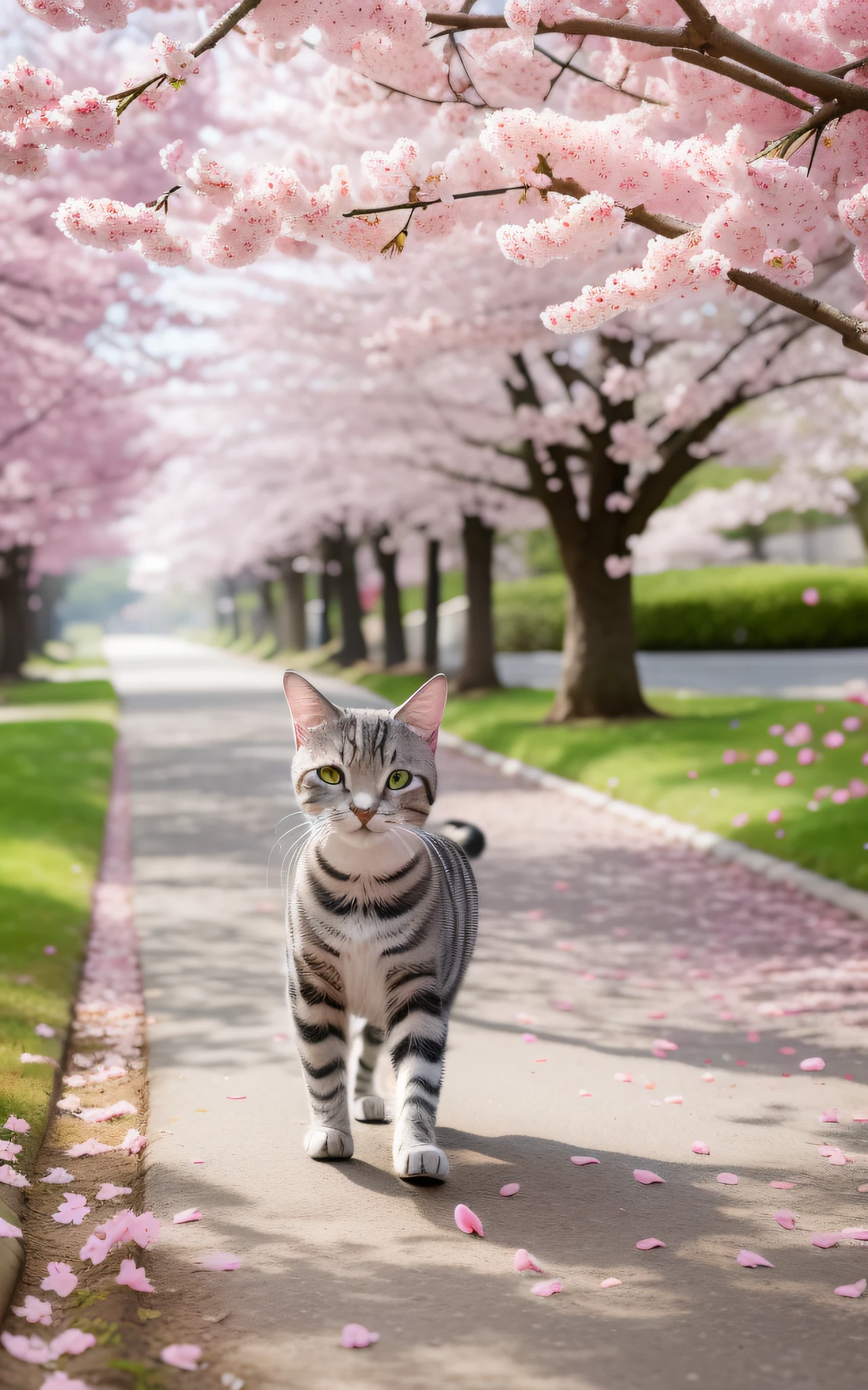 A silver tabby American Shorthair is frolicking under a cherry blossom tree. Its lively figure harmonizes with the pink petals and the spring scenery.