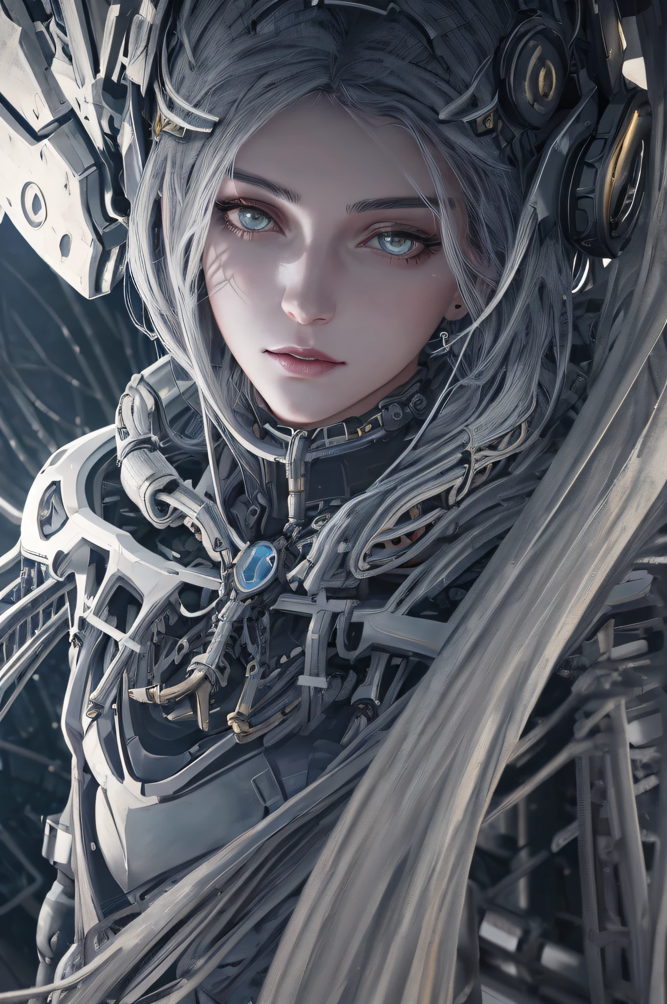 1mechanical girl,((ultra realistic details)), portrait, global illumination, shadows, octane render, 8k, ultra sharp,metal,intricate, ornaments detailed, cold colors, egypician detail, highly intricate details, realistic light, trending on cgsociety, glowing eyes, facing camera, neon details, machanical limbs,blood vessels connected to tubes,mechanical vertebra attaching to back,mechanical cervial attaching to neck,sitting,wires and cables connecting to head