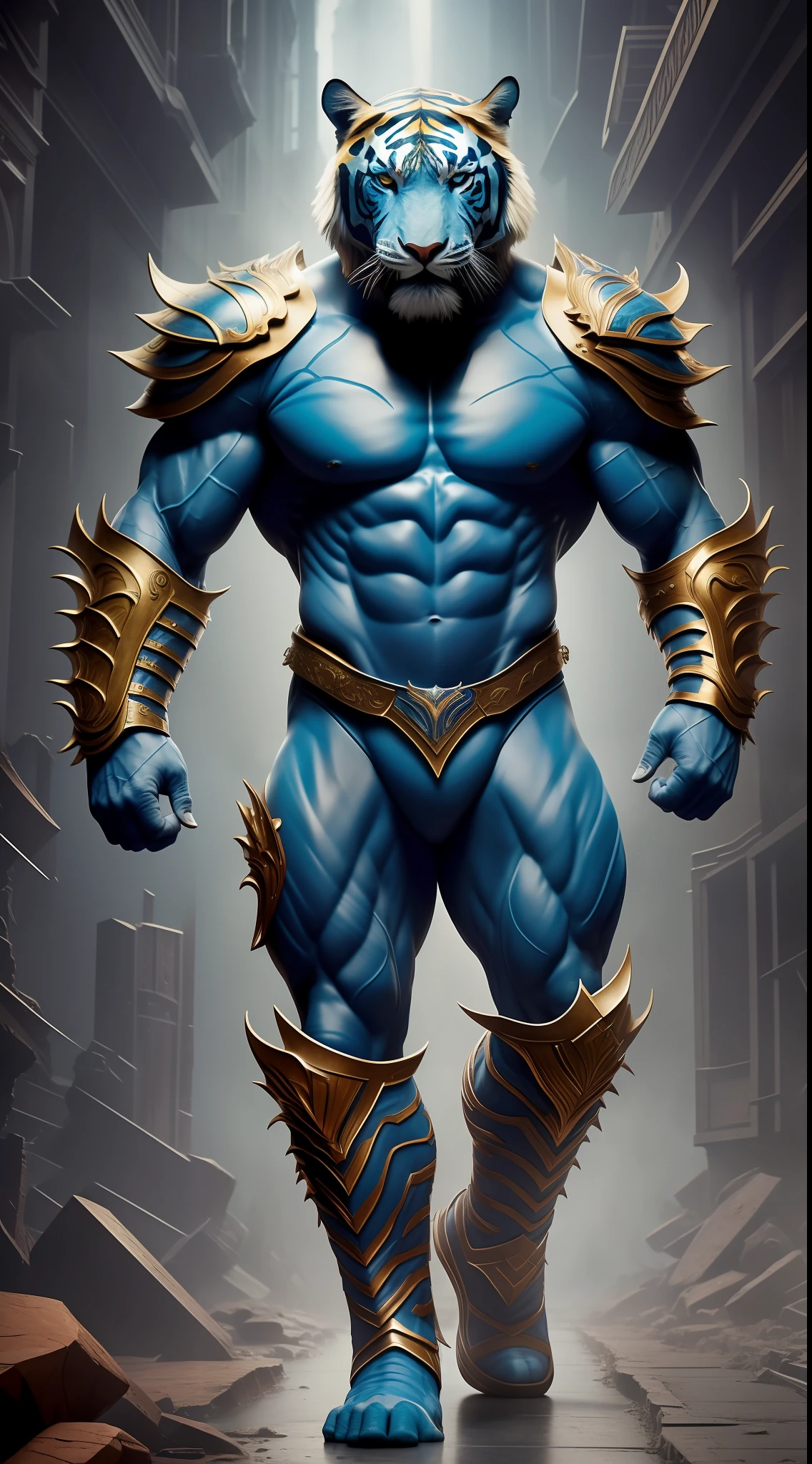 The description is of a muscular blue man with a tiger head, image of the man in 3d, in the style of Giovani Caramello portrayed in a hyper-realistic way in a full-body sculpture. He is wearing an imposing red dragon armor, perfectly framed in the dimensions of the image without missing any part of his body. The surrounding scenery is war, creating an intense and dramatic atmosphere., high detail, speed lines, high detail, speed lines, 360 view, cinematic lighting, Surrealism, Futurism, Ultra-Wide Angle, Renaissance, 8k, UHD, retina, retina, high quality, award winning, highres, 16k, 8k, UHD, retina, anatomically correct, high quality, award winning, highres