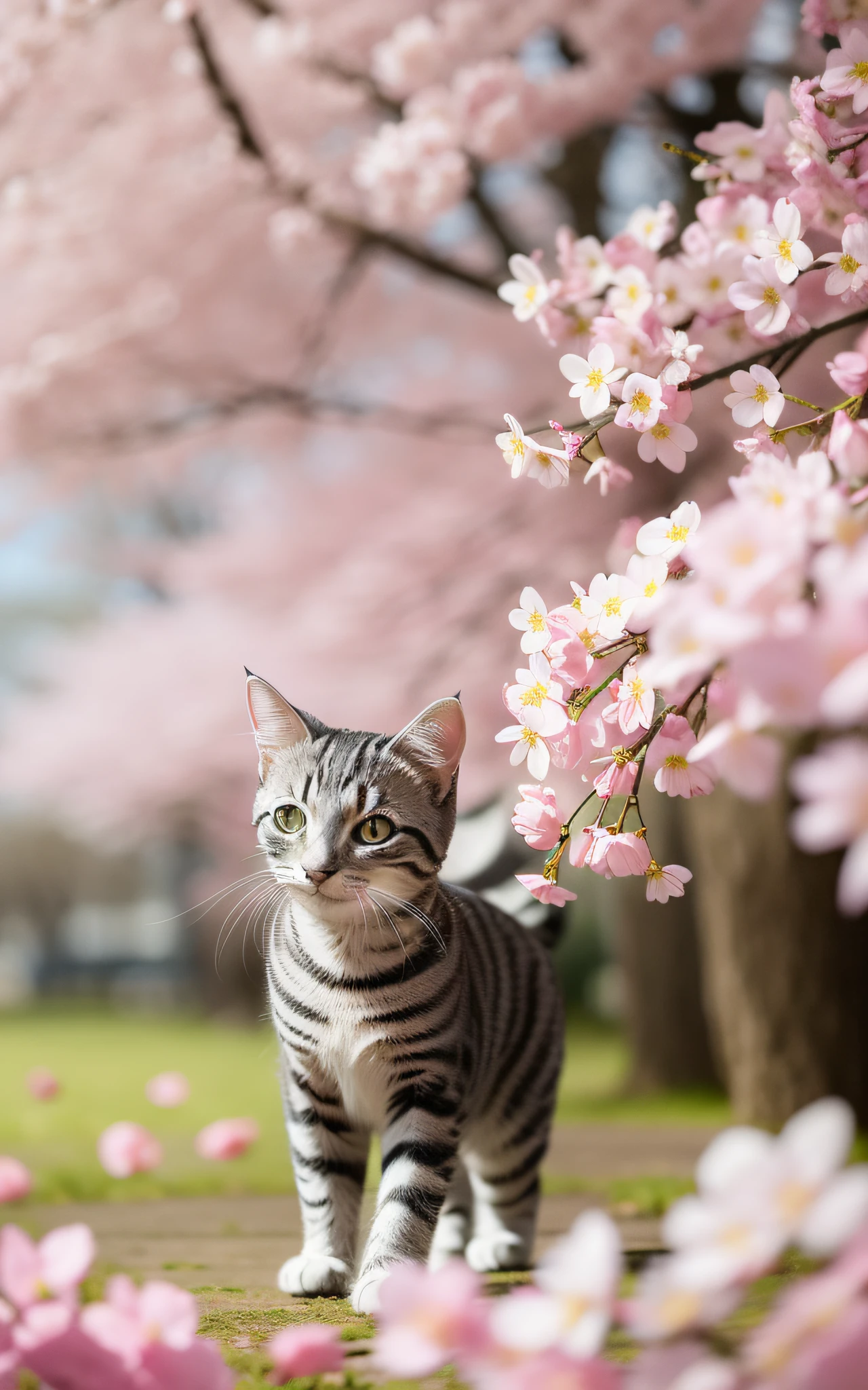 A silver tabby American Shorthair is frolicking under a cherry blossom tree. Its lively figure harmonizes with the pink petals and the spring scenery.
