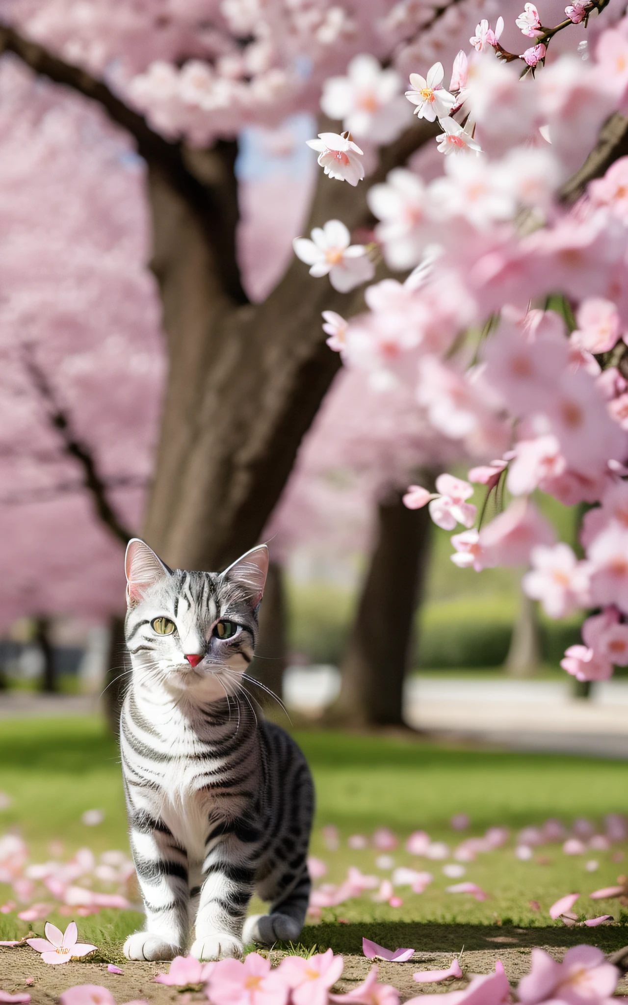 A silver tabby American Shorthair is frolicking under a cherry blossom tree. Its lively figure harmonizes with the pink petals and the spring scenery.