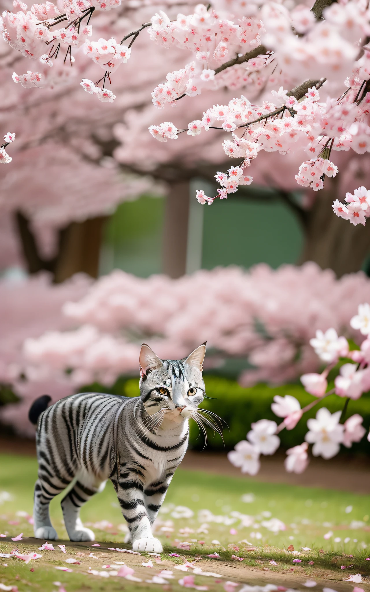 A silver tabby American Shorthair is frolicking under a cherry blossom tree. Its lively figure harmonizes with the pink petals and the spring scenery.