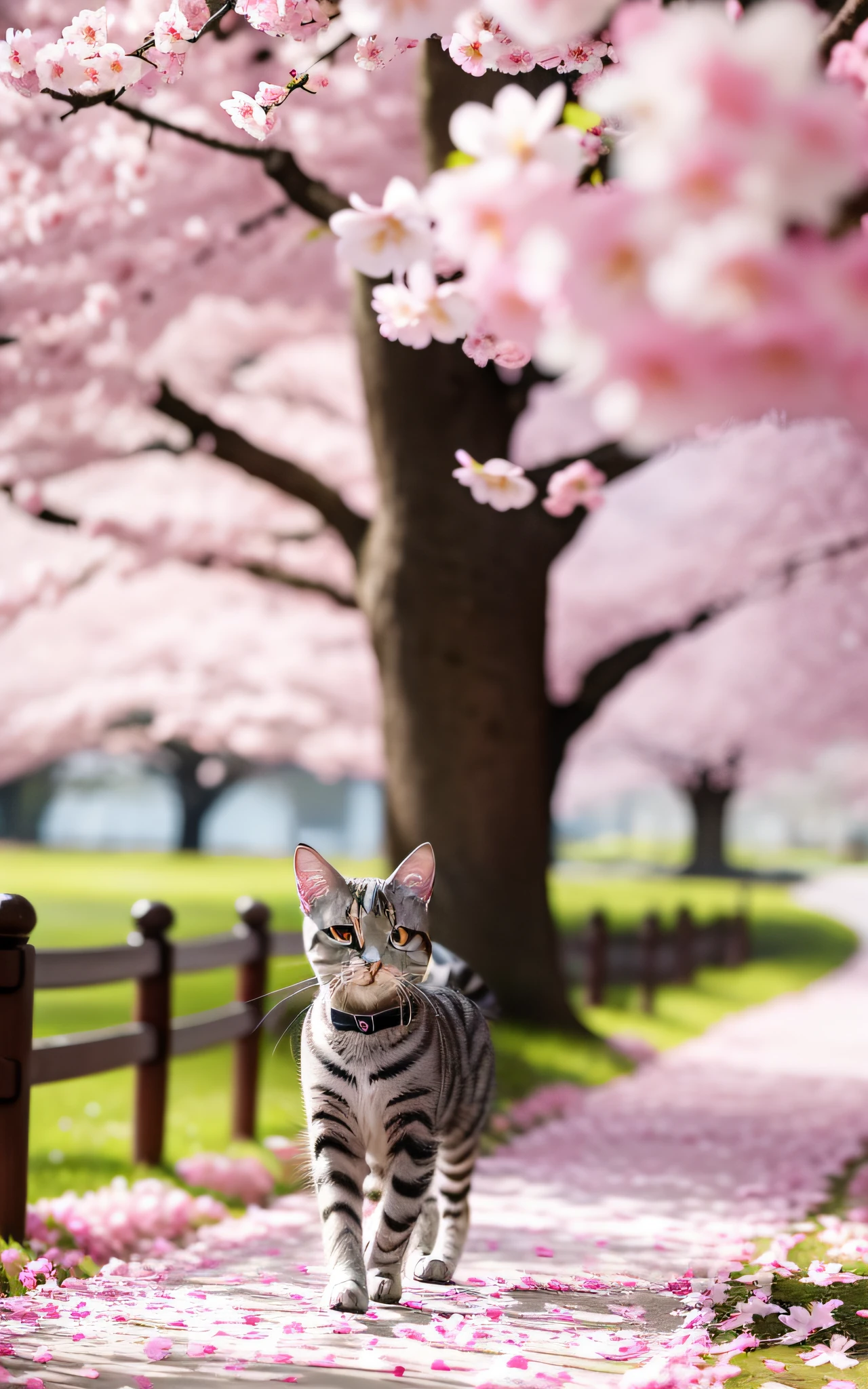A silver tabby American Shorthair is frolicking under a cherry blossom tree. Its lively figure harmonizes with the pink petals and the spring scenery.