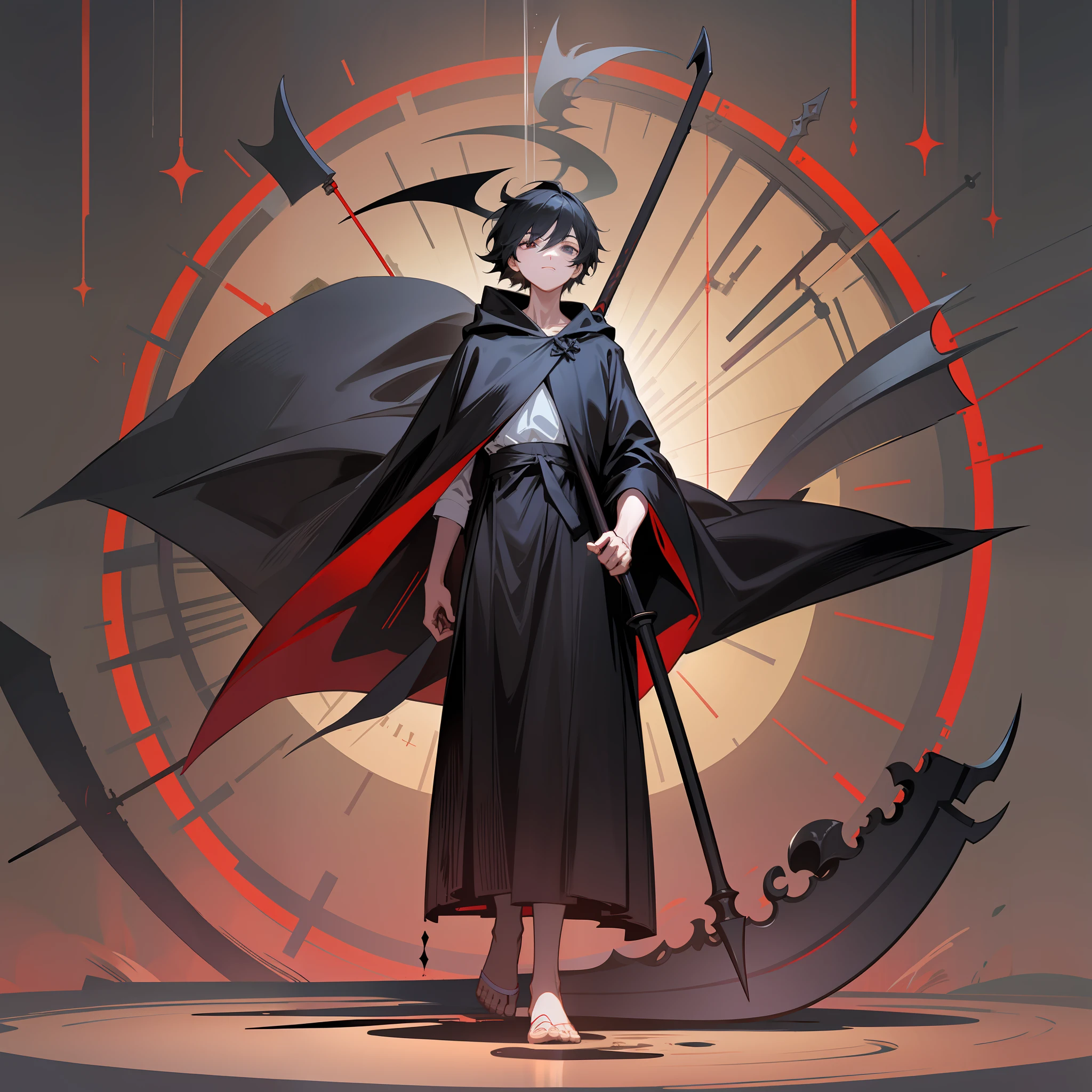 A ager in a black robe with a black scythe stands on a suspended clock