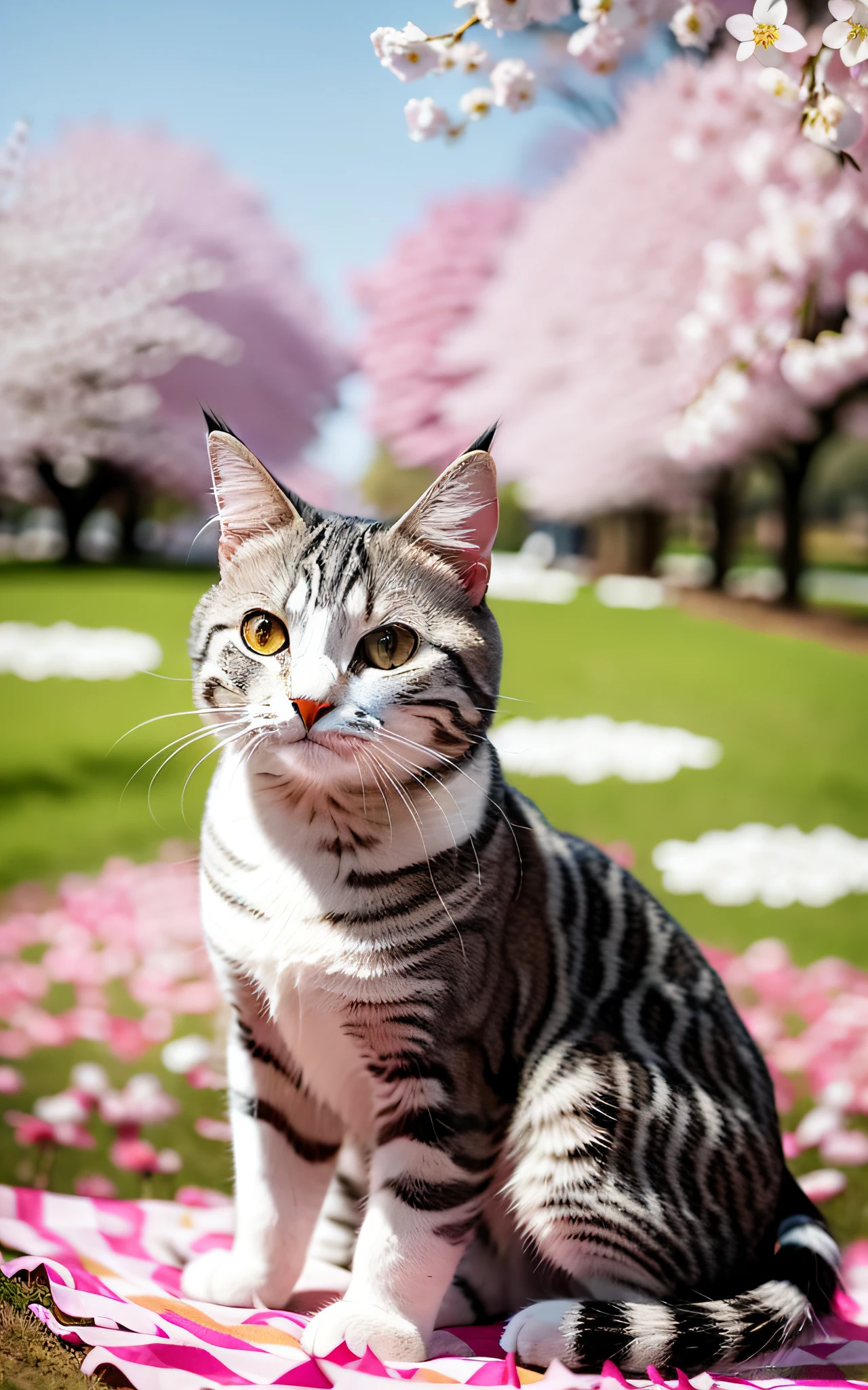 "American shorthair with silver tabby pattern plays lightly under cherry trees, its lively figure harmonizes with cherry blossom petals and spring landscape."