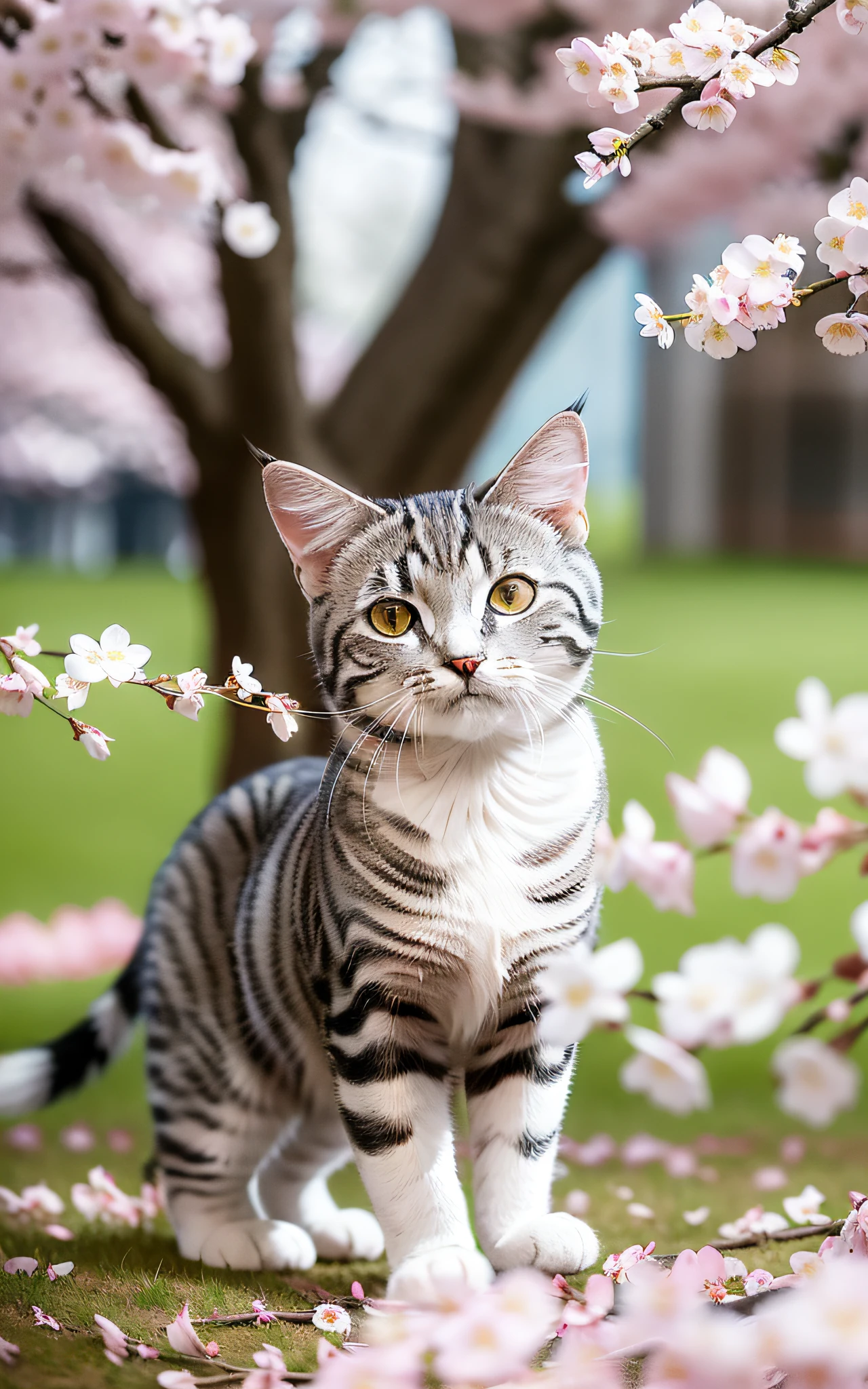 "American shorthair with silver tabby pattern plays lightly under cherry trees, its lively figure harmonizes with cherry blossom petals and spring landscape."