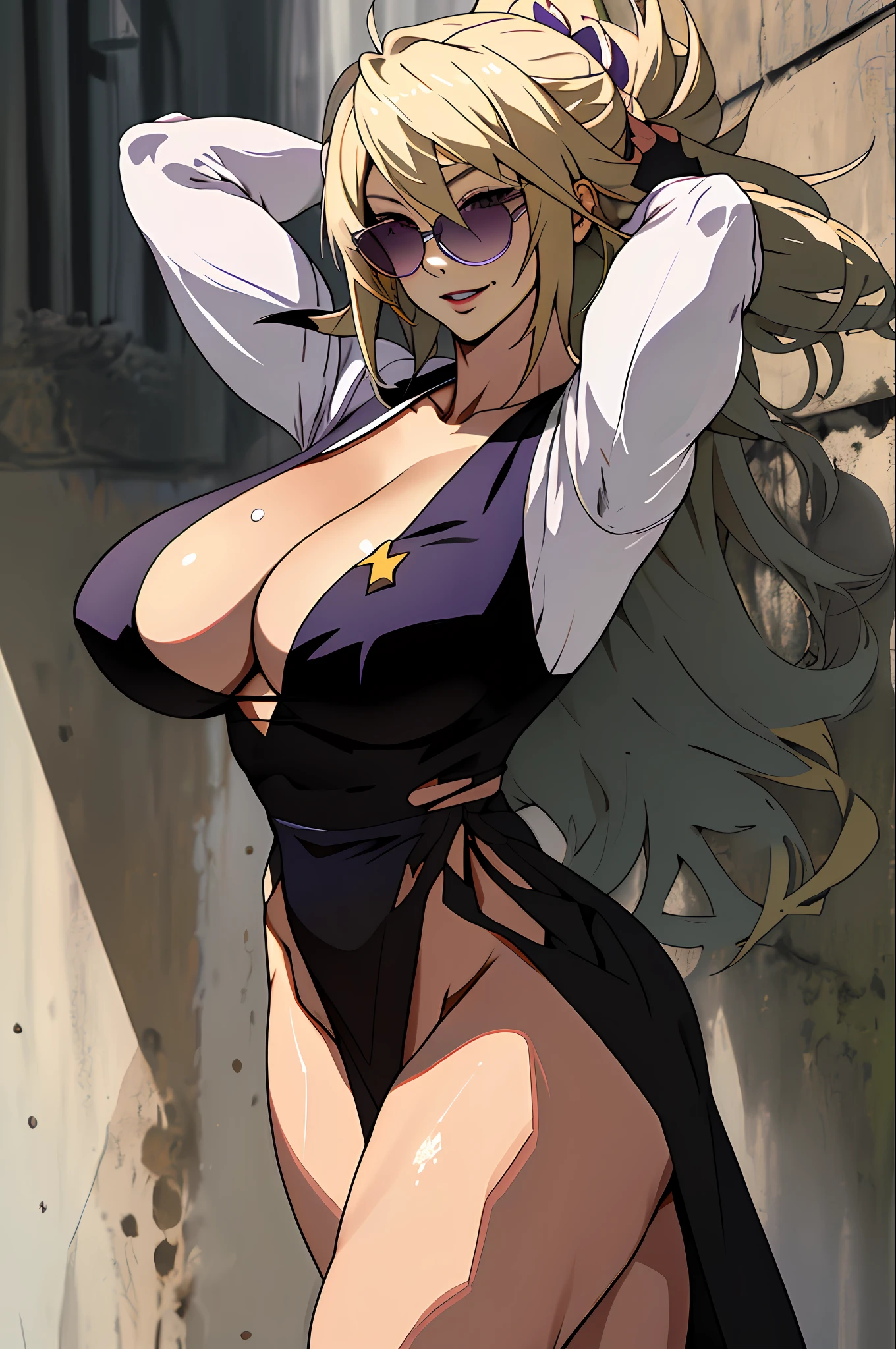 best quality, masterpiece, ultra high res, detailed background, realistic, 1girl, solo, female, muscular, mature female, long hair, blonde, makeup, purple lipstick, standing, open arms, open legs, sticky dress, open mouth, huge smile, expression of fascination, surprise, square, real shadow and light, depth of field, huge breasts, torn panties, looking at the viewer, sunglasses falling, strong wind in the face, Konosuba