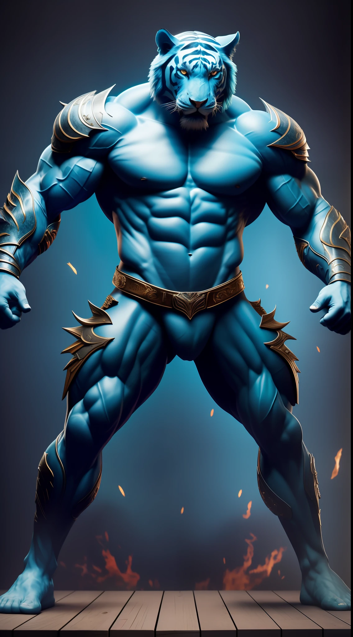 The description is of a muscular blue man with a tiger head, image of the man in 3d, in the style of Giovani Caramello portrayed in a hyper-realistic way in a full-body sculpture. He is wearing an imposing red dragon armor, perfectly framed in the dimensions of the image without missing any part of his body. The surrounding scenery is war, creating an intense and dramatic atmosphere., high detail, speed lines, high detail, speed lines, 360 view, cinematic lighting, Surrealism, Futurism, Ultra-Wide Angle, Renaissance, 8k, UHD, retina, retina, high quality, award winning, highres, 16k, 8k, UHD, retina, anatomically correct, high quality, award winning, highres