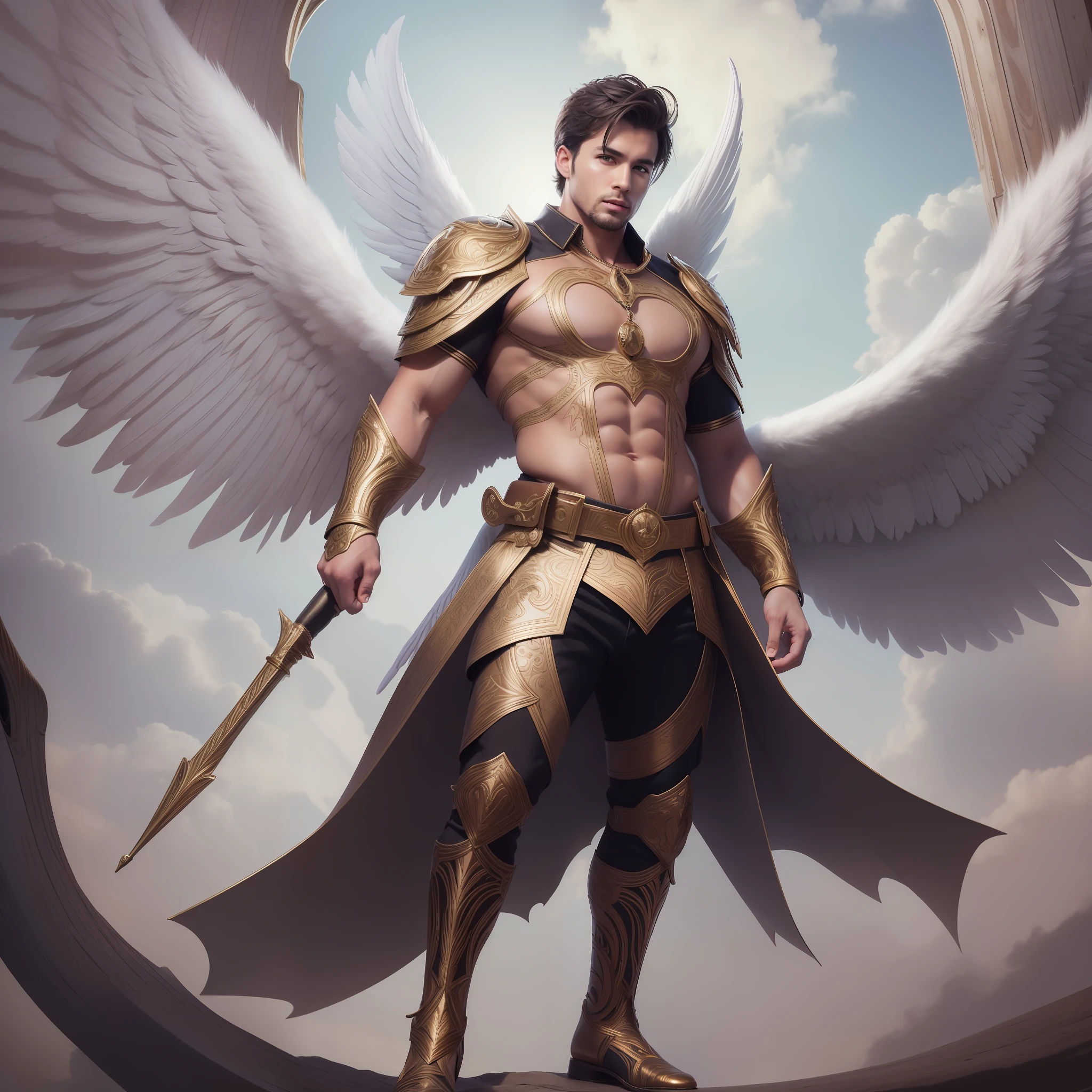Handsome man (full body). With defined body, with (large angel wings) l on the back. Photorealistic style. Hyper-detailed style. (high quality :1.4)