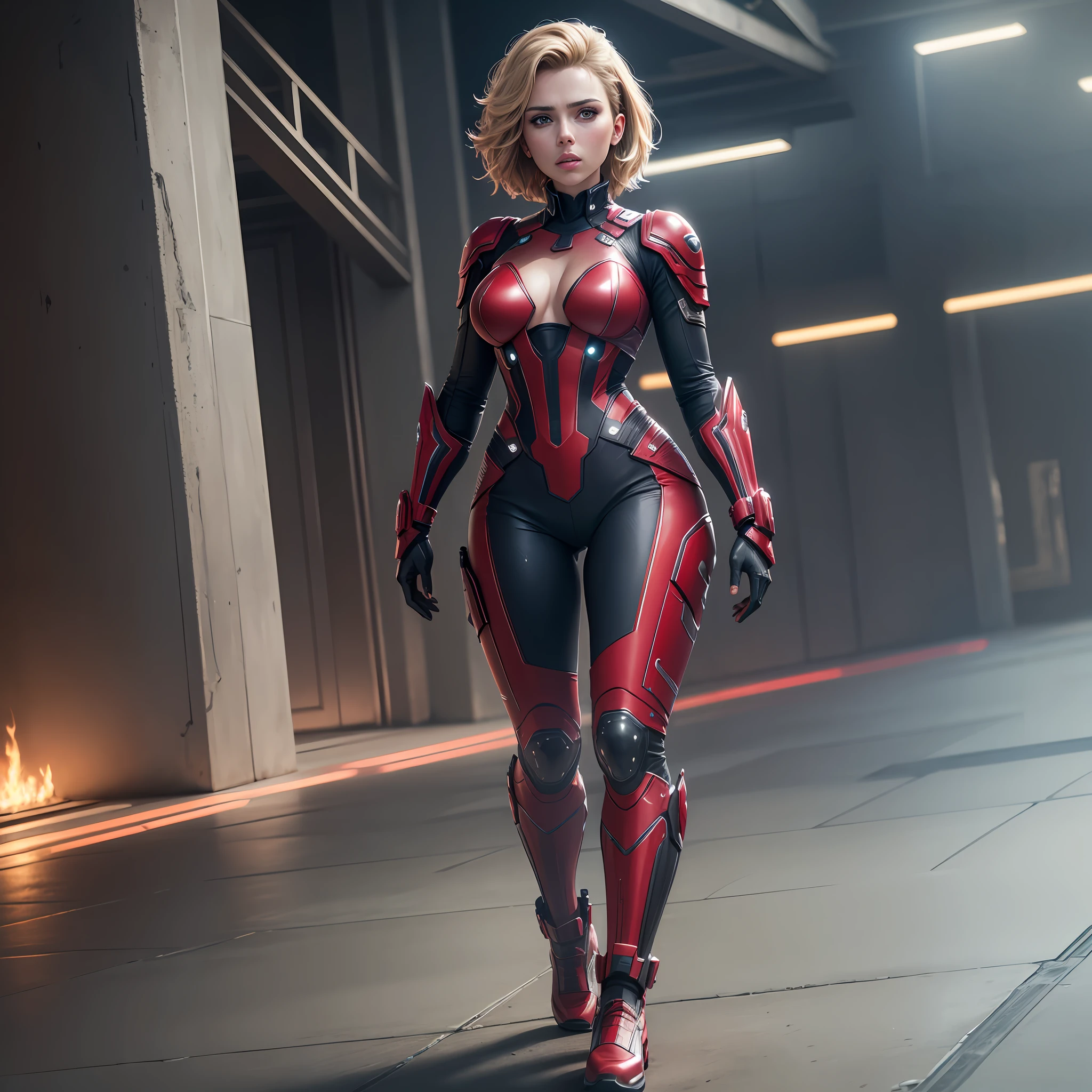 HDR, high quality, 8k, ray-traicing, cinema grain, scarlett johansson, futuristic costume, natural leather texture, high quality textures, detailed futuristic costume, full body --auto --s2