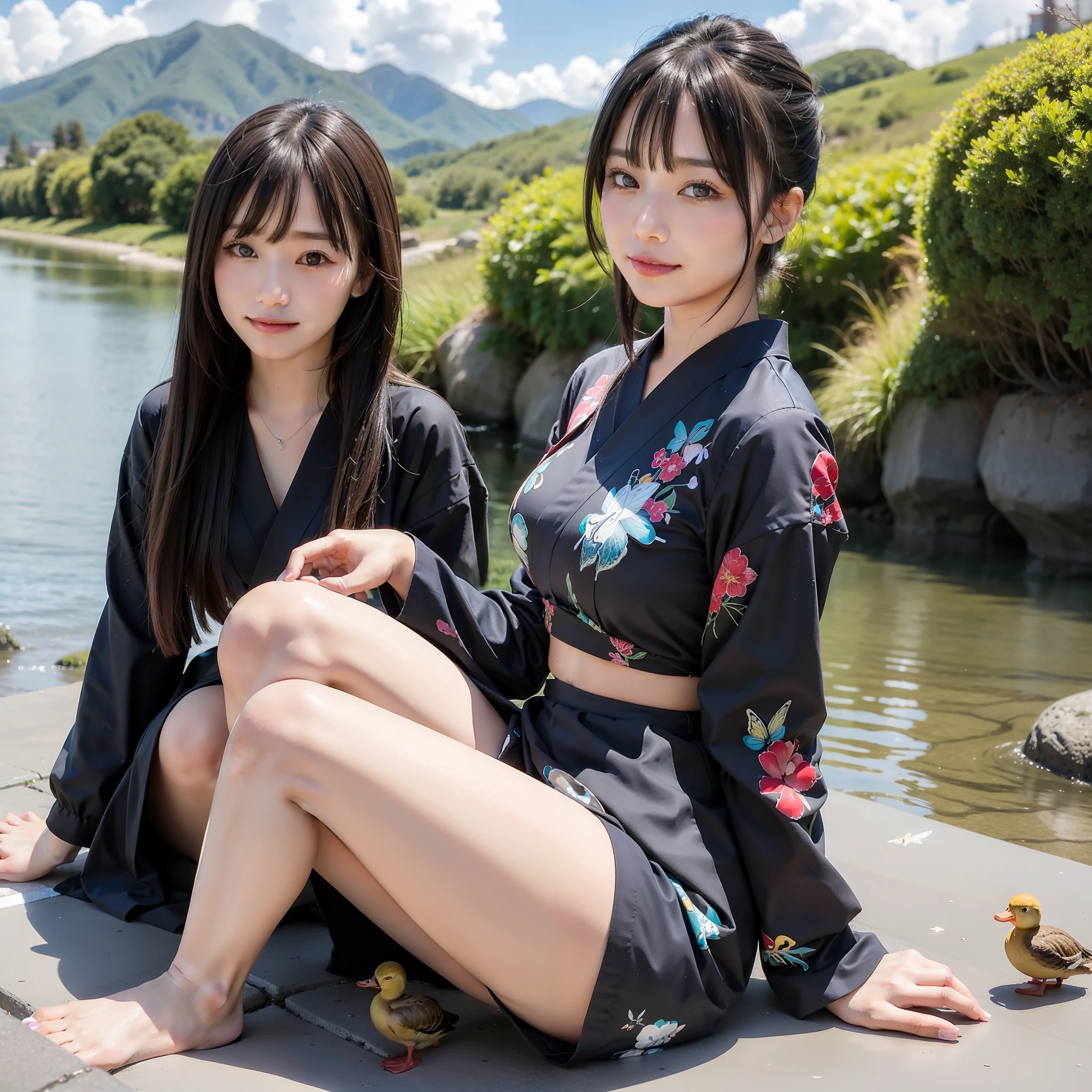 best quality, ultra high res, (photorealistic: 1.4), 1girl, beach, black_hair, blue_sky, blunt_bangs, blurry, bug, butterfly, chinese_clothes, cloud, cloudy_sky, day, hair_ornament, horizon, blue japanese_clothes, blue kimono, long_sleeves, mountain, ocean, outdoor, red_lips, river, coast, sitting, sky, soil, water, high quality, amazing, beauty, smile, looking at the viewer,  yellow ducks,