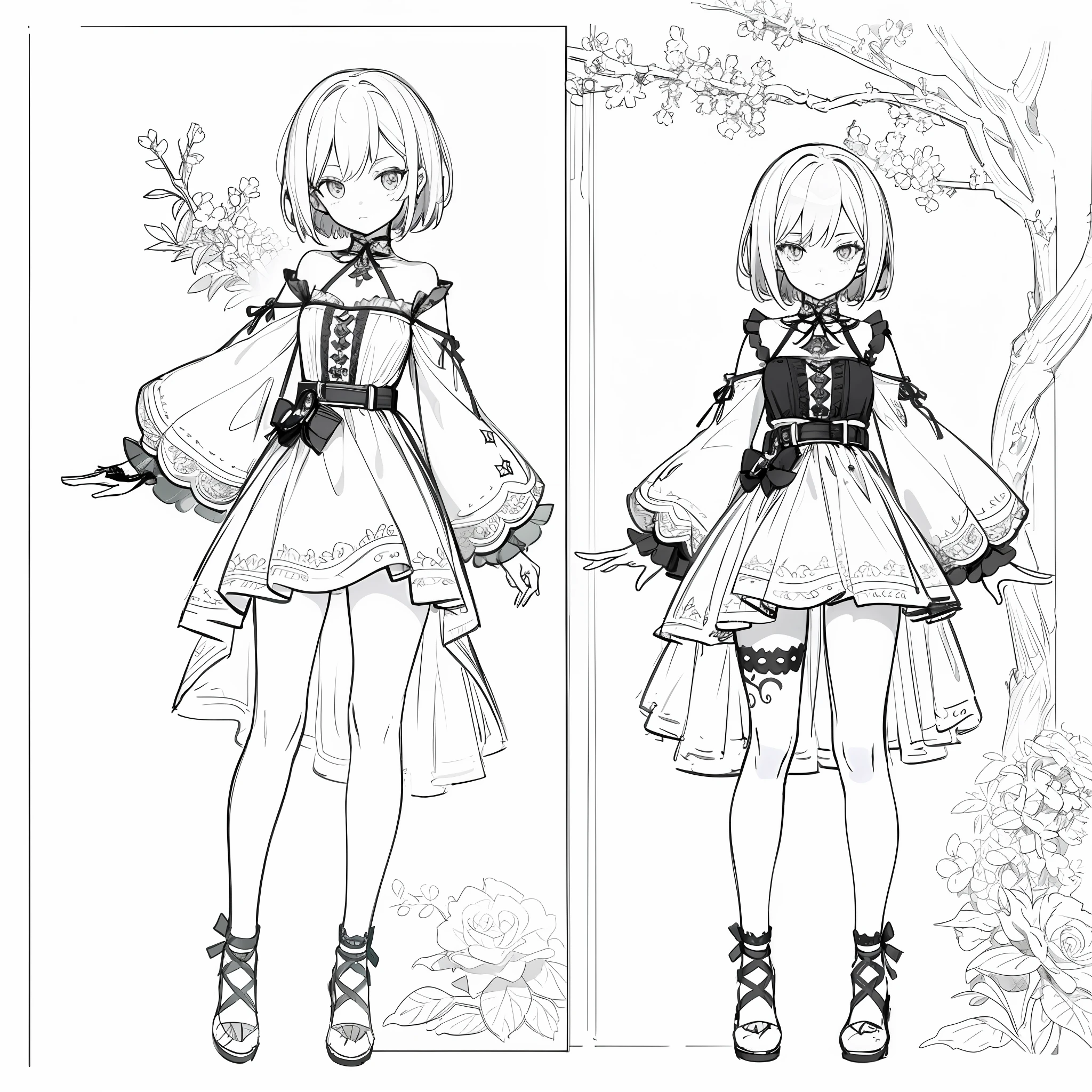 (masterpiece, best quality) detailed, girl, drawing reference, reference, lineart, sketch, dress, hips, short hair, leg tattoo