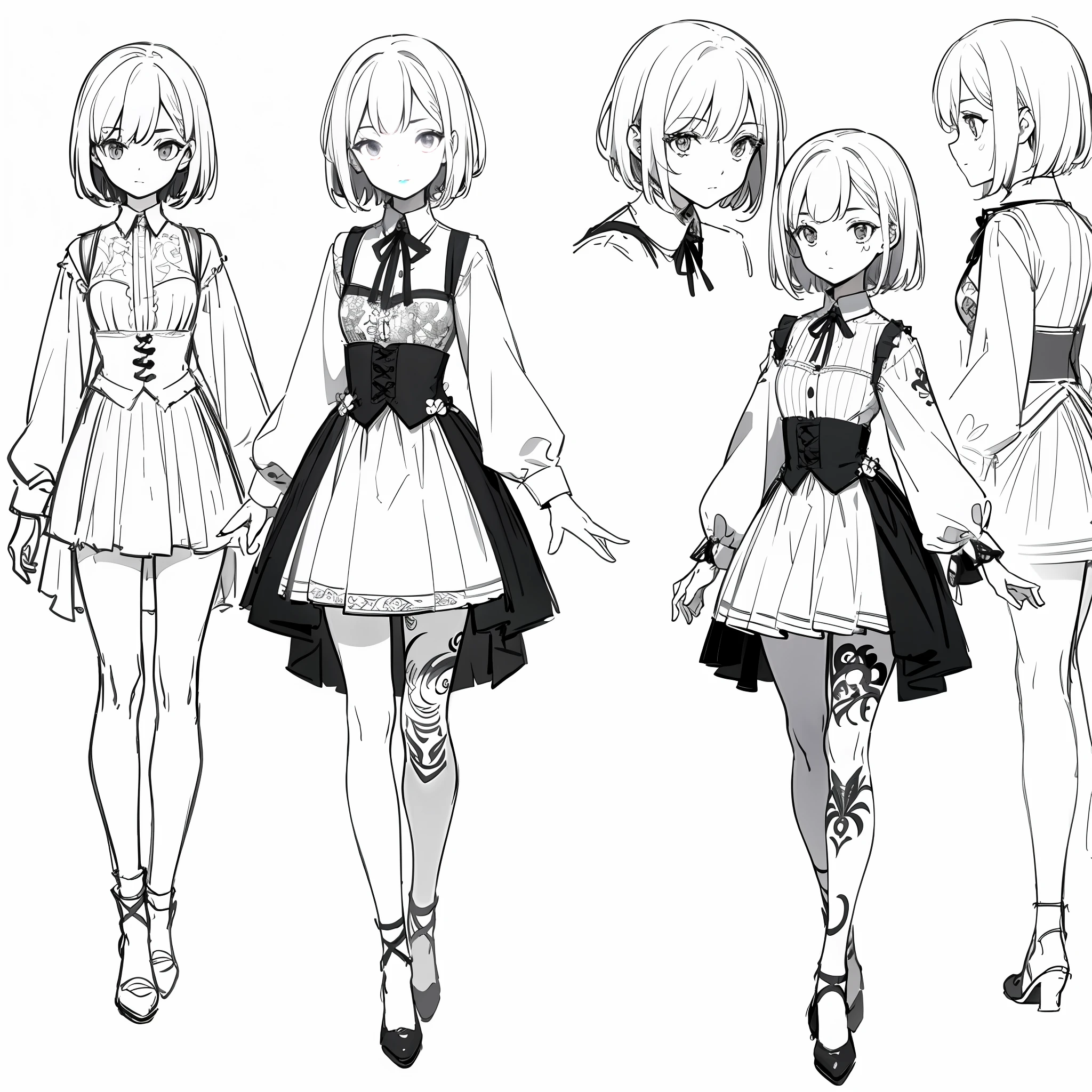 (masterpiece, best quality) detailed, girl, drawing reference, reference, lineart, sketch, dress, hips, short hair, leg tattoo