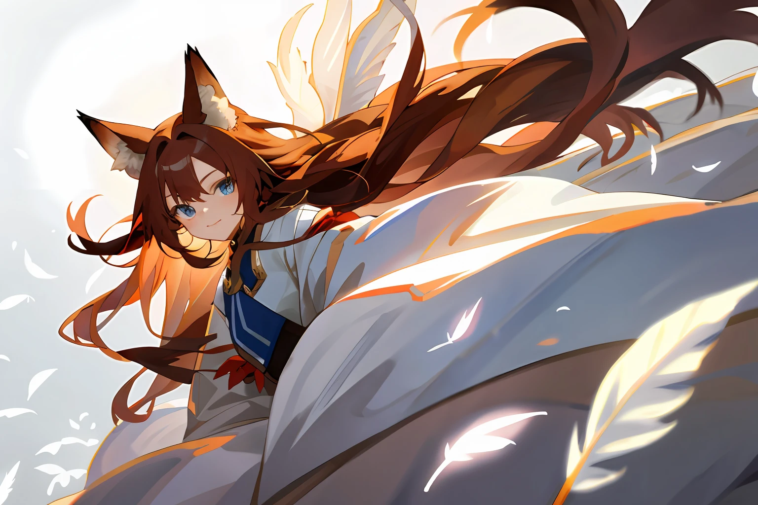 fox girl,long hair,brown_hair,blue_eyes,floating white feathers,on bed,