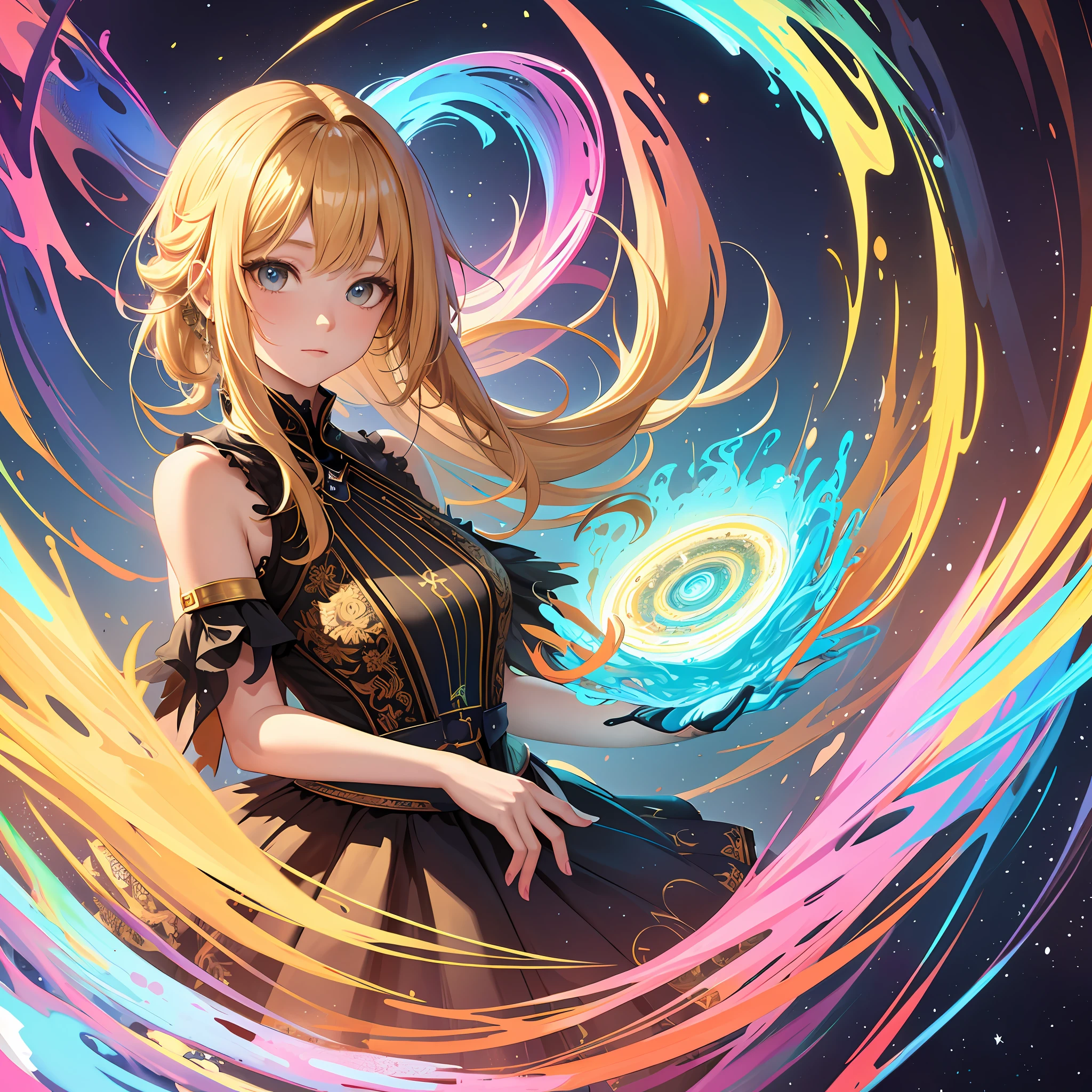 masterpiece, best quality, 1girl, fractal art, colorful, blonde hair,