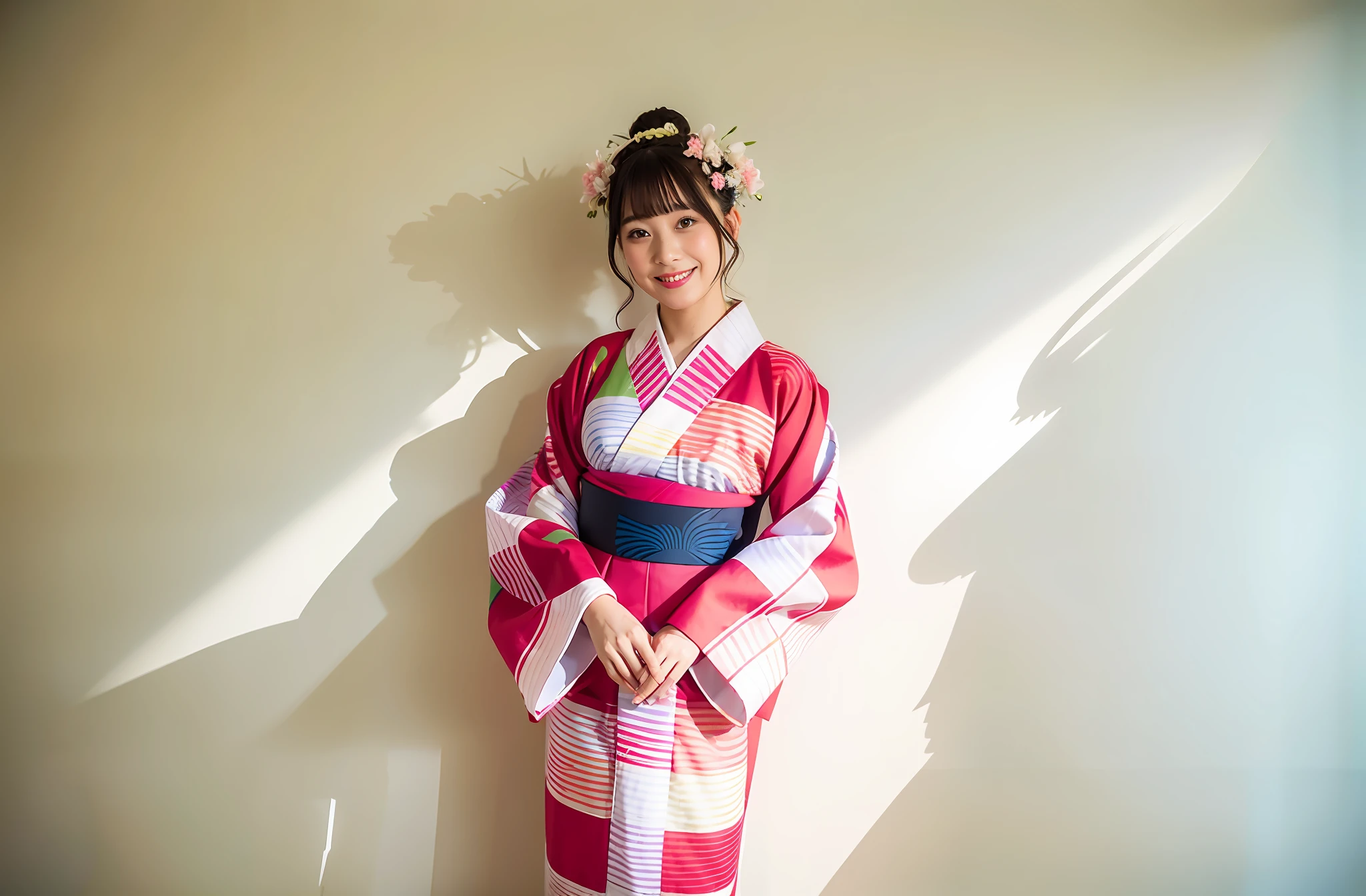 araffe dressed in a kimono standing in front of a white wall, classy yukata clothing, yukata clothing, in kimono, japanese clothes, wearing kimono, japanese kimono, wearing a colorful yukata, wearing a haori, wearing a kimono, wearing royal kimono, kimono, japaneese style, in a kimono, style of kanagawa, hakama kimono