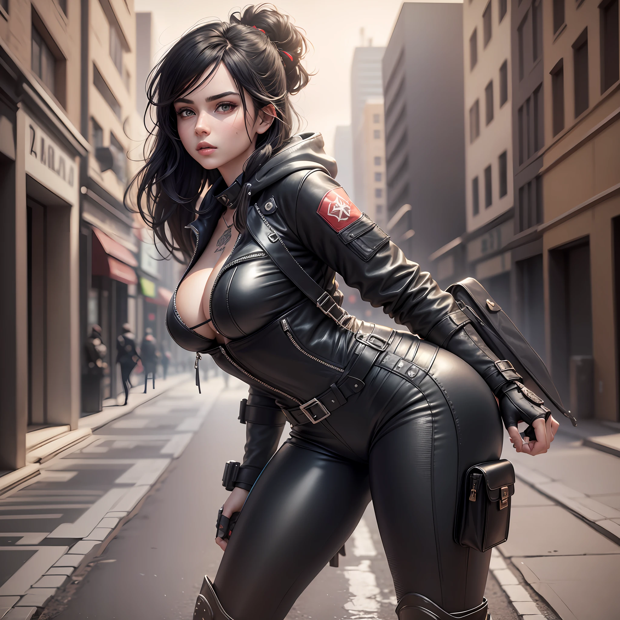 2 full body cartoon girls with a very beautiful realistic face and realistic black hair, with high heels, Ultra detailed complex 3d rendering of a beautiful profile face, in detailed tight leather pants, with jacket with hood, global illumination, holding a red helmet,  with perfect soft curves, 3d render stylized, post - apocalyptic cowgirl, marmoset toolbag rendered, A stunningly realistic 18-year-old portrayed in a masterpiece of ultra-detailed artwork, ultra quality render, with black belts and bags like RPG concept, ultra detailed ornaments in clothes, with tattoo in neck and boobs, with variations, soft lighting, high quality, volumetric lighting, photorealistic, dark studio, rim lighting, tone lighting, with post - apocalyptic background. --auto --s2