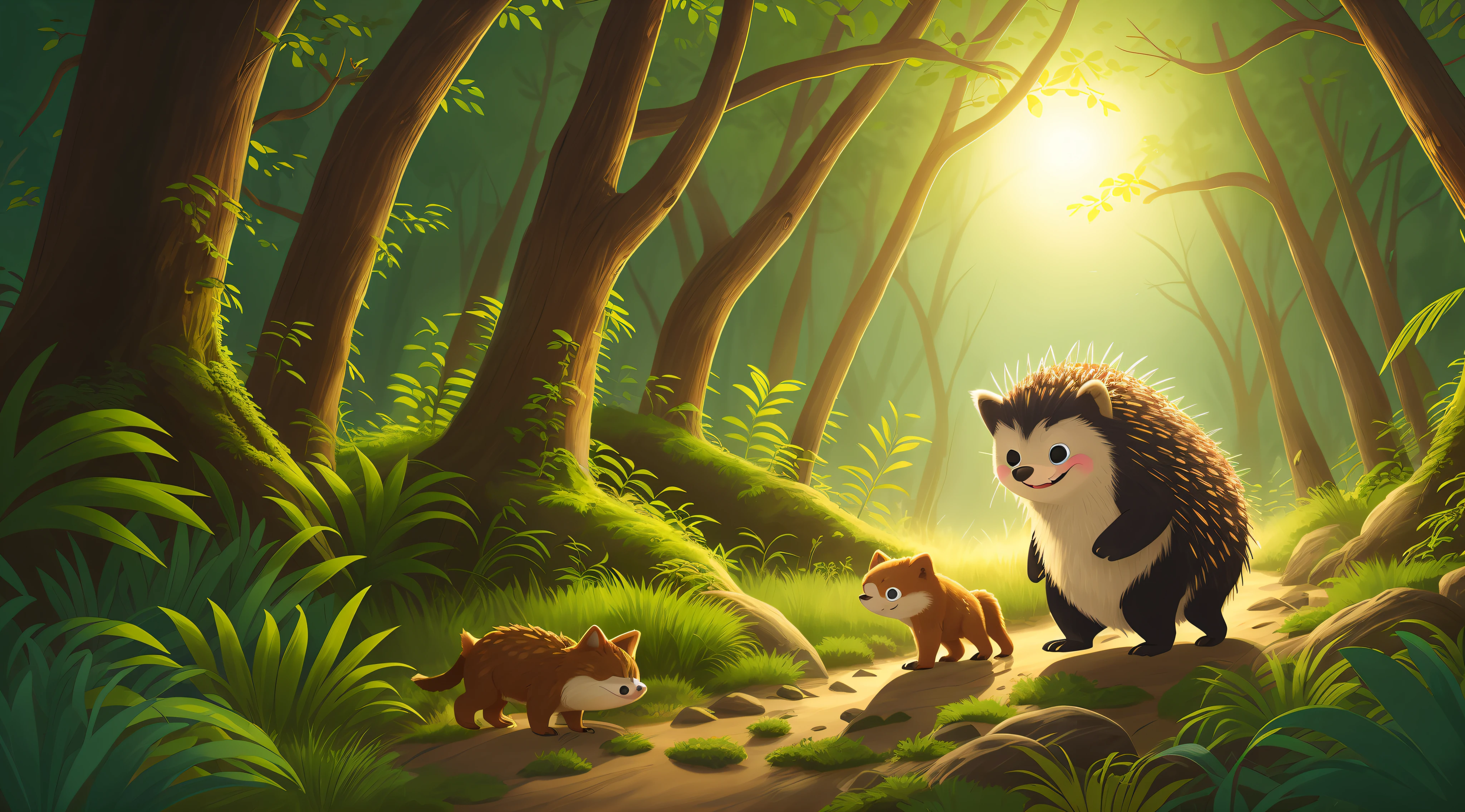 Two porcupines with happy face, cheerful eyes, a fox walking through a forest at dawn, child, Intertidal Zone, happy guys.