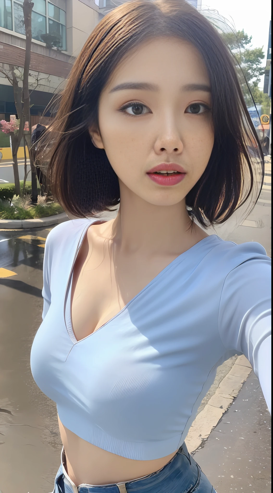 ((Best Quality, 8k, Masterpiece: 1.3)), Focus: 1.2, Perfect Body Beauty: 1.4, Buttocks: 1.2, ((Layered Haircut, Beautiful Breasts: 1.2)), (Wet Clothes: 1.1) , (Rain, Street:1.3), Colorful Short T-Shirt: 1.1, Short Skirt, Open Belly Button, Highly Detailed Face and Skin Texture, Fine Eyes, Double Eyelids, Whitened Skin, Long Hair