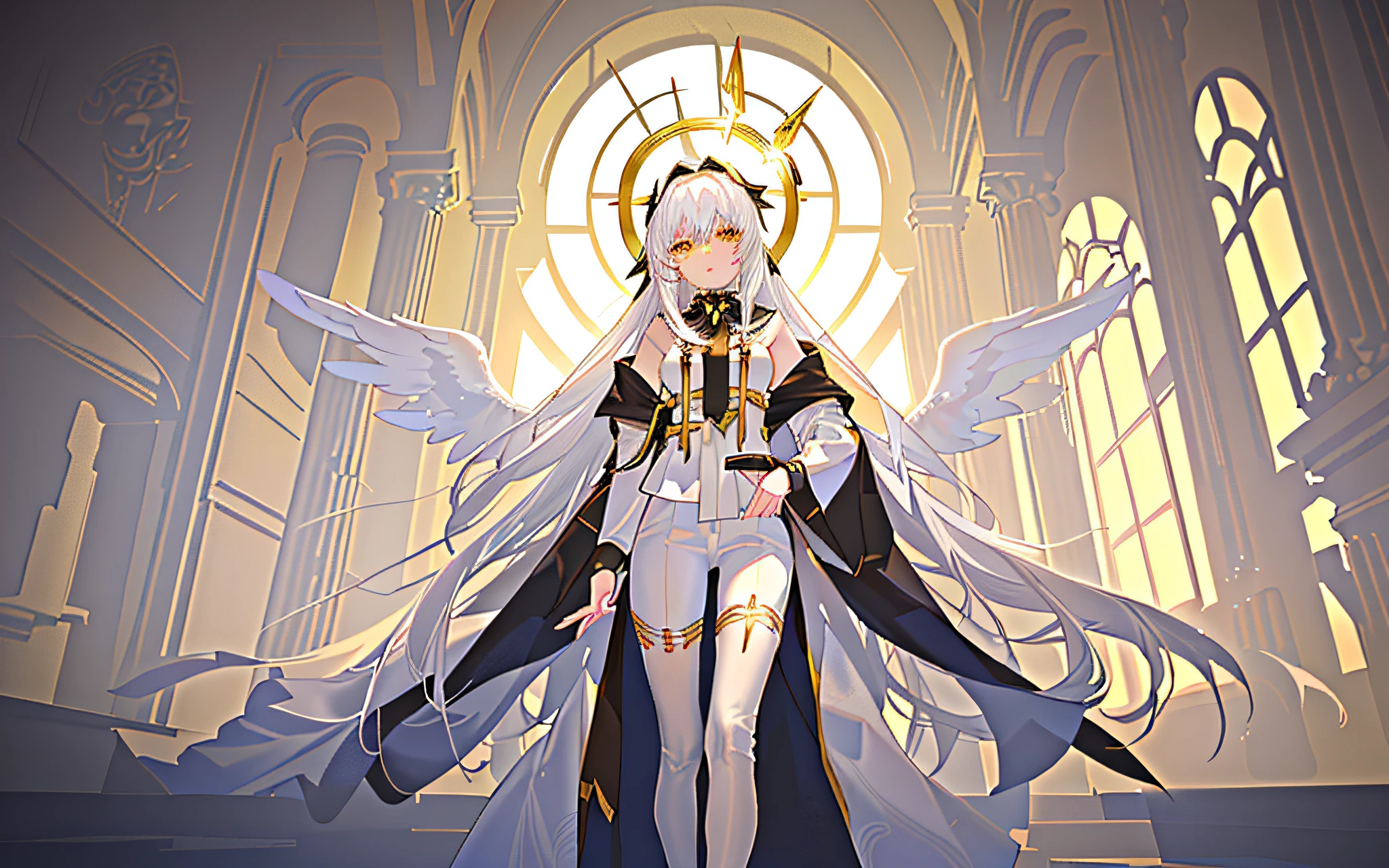 (Excellent, Masterpiece), (1girl, solo, gold pattern robe, white pants, standing, looking ahead, halo of halo, golden wings, hands folded, white hair, yellow eyes, closed mouth, upper body), (clear sky, smoke, pillar of light, abandoned temple background) gothic loli, balotte architecture, longing eyes, open legs, fishnet stockings, eating lollipops