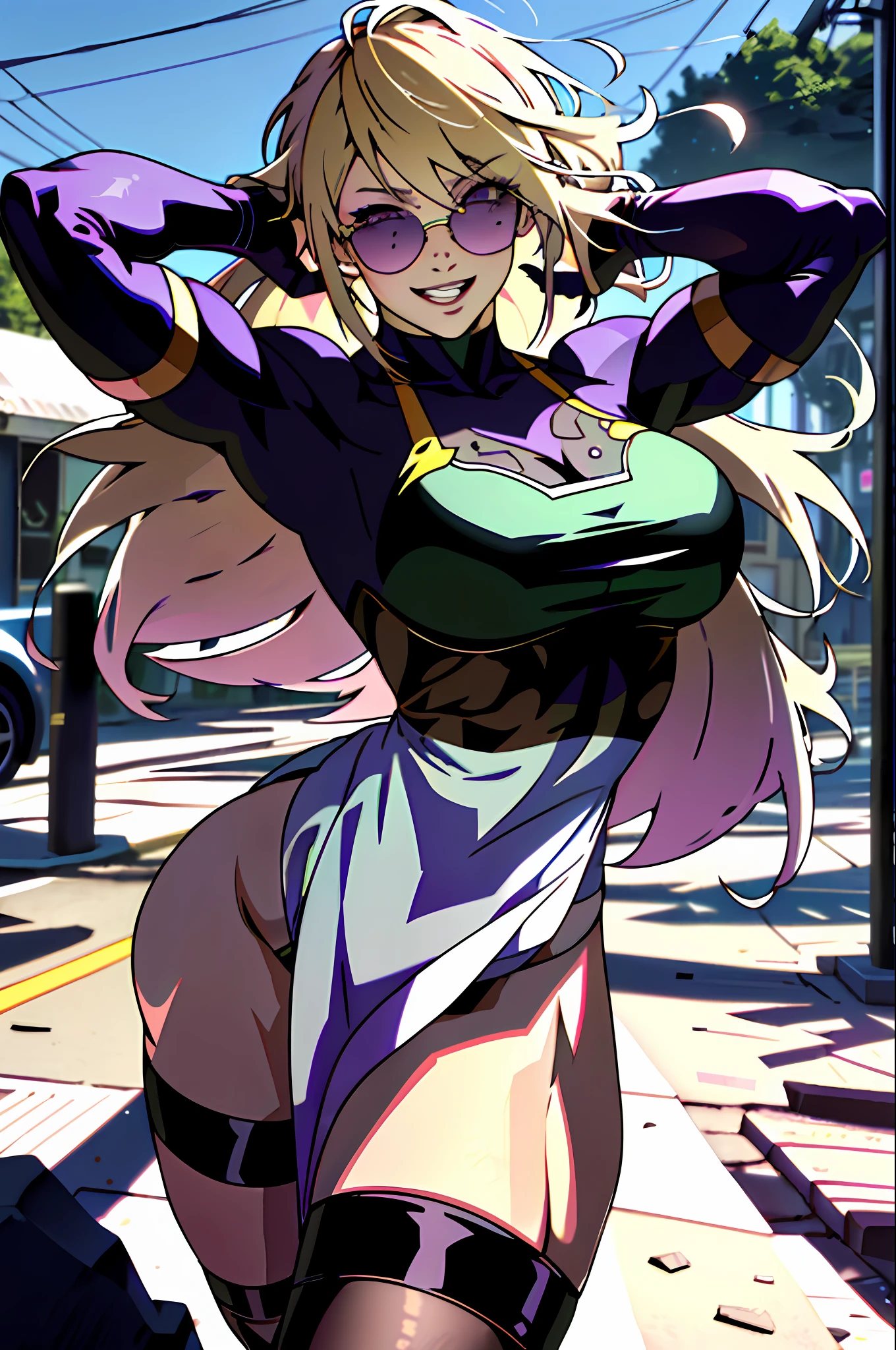 best quality, masterpiece, ultra high res, detailed background, realistic, 1girl, solo, female, muscular, mature female, long hair, blonde, makeup, purple lipstick, standing, open arms, open legs, sticky dress, open mouth, huge smile, expression of fascination, surprise, square, real shadow and light, depth of field, huge breasts, torn panties, looking at the viewer, sunglasses falling,  strong wind in the face, Konosuba