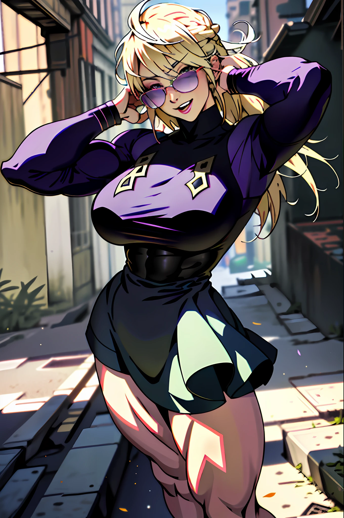 best quality, masterpiece, ultra high res, detailed background, realistic, 1girl, solo, female, muscular, mature female, long hair, blonde, makeup, purple lipstick, standing, open arms, open legs, sticky dress, open mouth, huge smile, expression of fascination, surprise, square, real shadow and light, depth of field, huge breasts, torn panties, looking at the viewer, sunglasses falling,  strong wind in the face, Konosuba