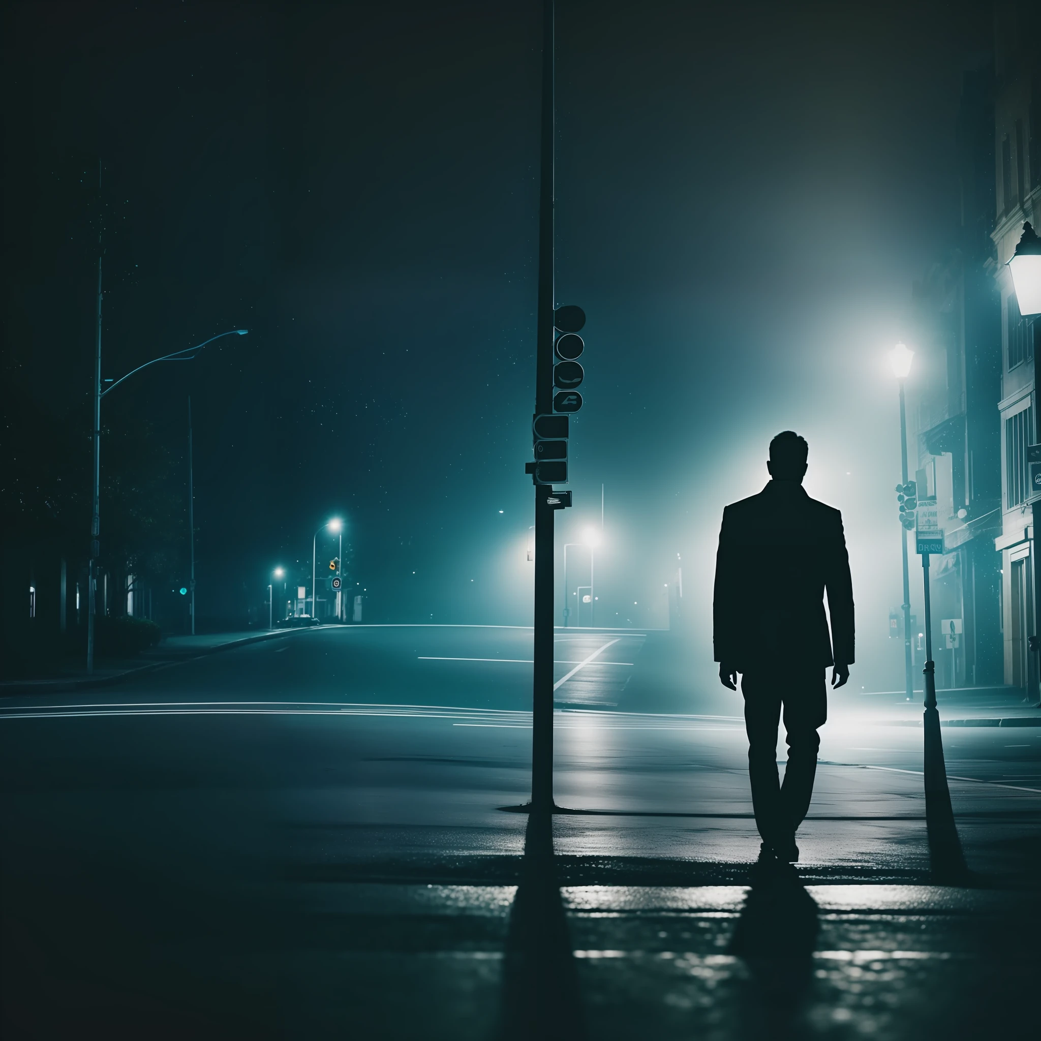 Masterpiece, best quality, realistic and perfect image, cinematic photography, of a street at night and a silhouette of a man in the dark with eyes shining --auto --s2