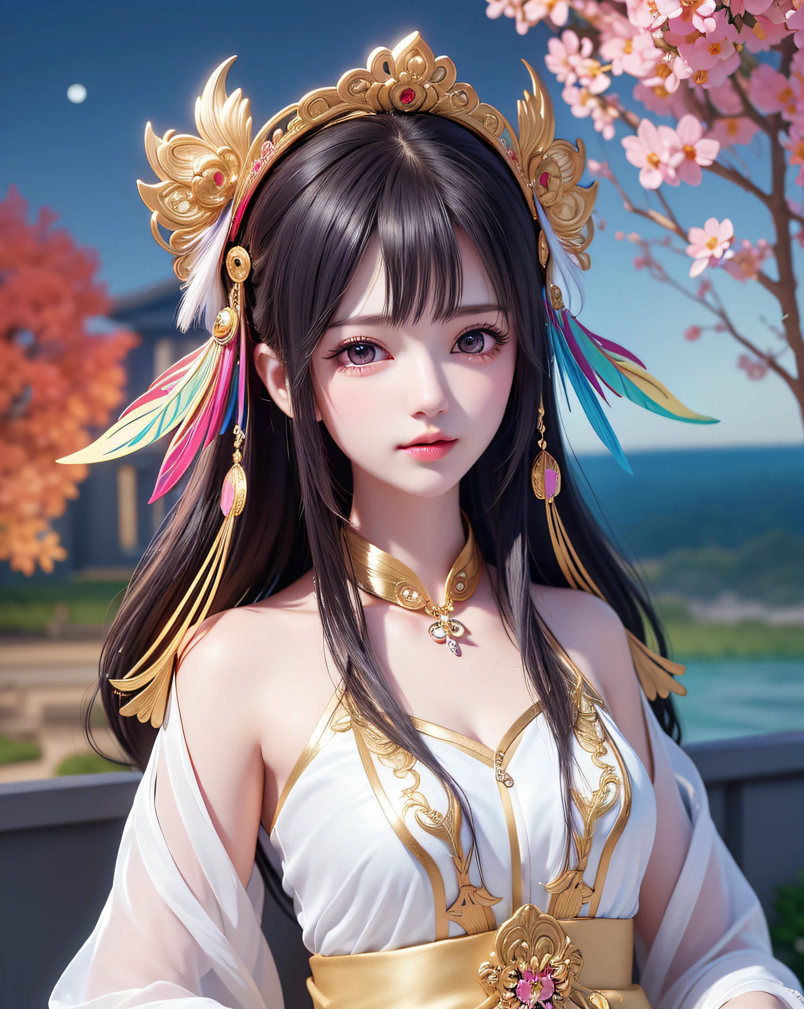 (8k, RAW photo:1.2),Top quality, ultra-high resolution, dramatic angle,(fluttering detail color splash), (illustration),(((1 girl))),(long hair),(b:0.9),(headdress:1.4),there is an ancient palace next to the girl,korean clothes,(focus,color ink wash painting,(color splash),colorful splash,(((colorful))),(sketch:0.8), masterpiece, top quality, beautifully painted, very detailed,(noise cancellation:0.6), [splash ink],((ink refraction)),  (Beautiful detail sky),Moon,High, detailed,(Masterpiece, Best Quality, Very Detailed CG Unity 8k Wallpaper, Masterpiece, Best Quality, Very detailed),(Lycoris radiata),