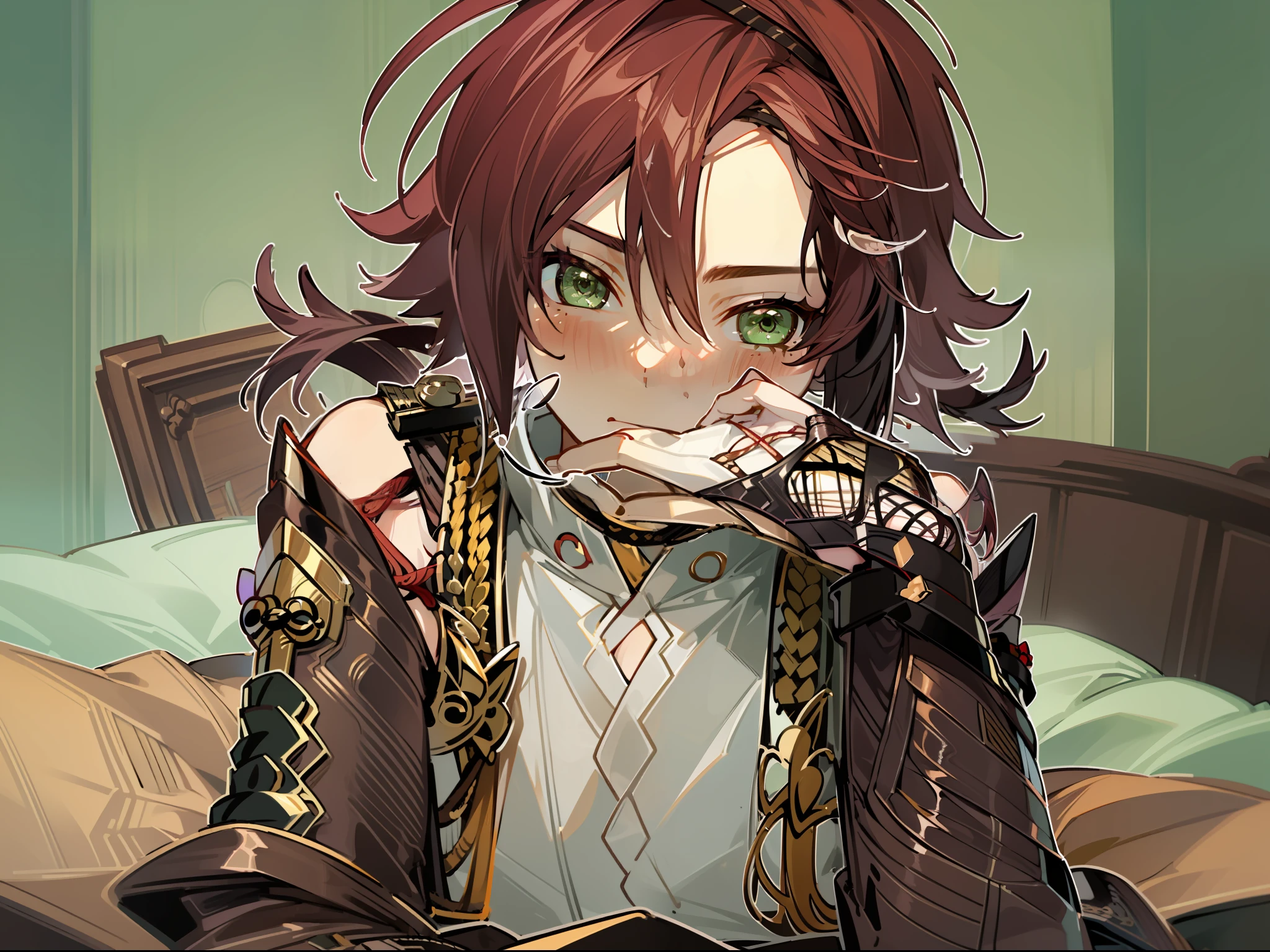 ((highest quality, masterpiece, 4k, finely detailed, detailed eyes, detailed face, intricate details, pixiv, gelbooru)), ((solo)), male focus, 1boy, Shikanoin_Heizou (Genshin_Impact), dark red hair, bright green eyes, slender feminine frame, male, (((lying on bed, submissive pose))), (((submissive expression, looking at viewer, blushing deeply)))