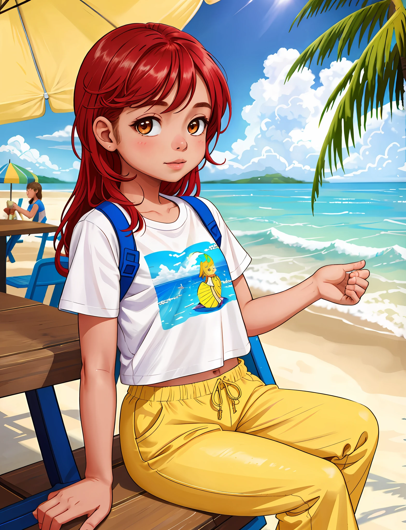 drawing of a girl child on a beach boardwalk cafe sitting at the table wearing a tshirt and pants sneakers tropical beach beautiful cloudy sky bright sunny day, (masterpiece:1.2) (photorealistic:1.2) (bokeh) (best quality) (detailed skin:1.3) (intricate details) (8k) (cinematic lighting) (sharp focus)