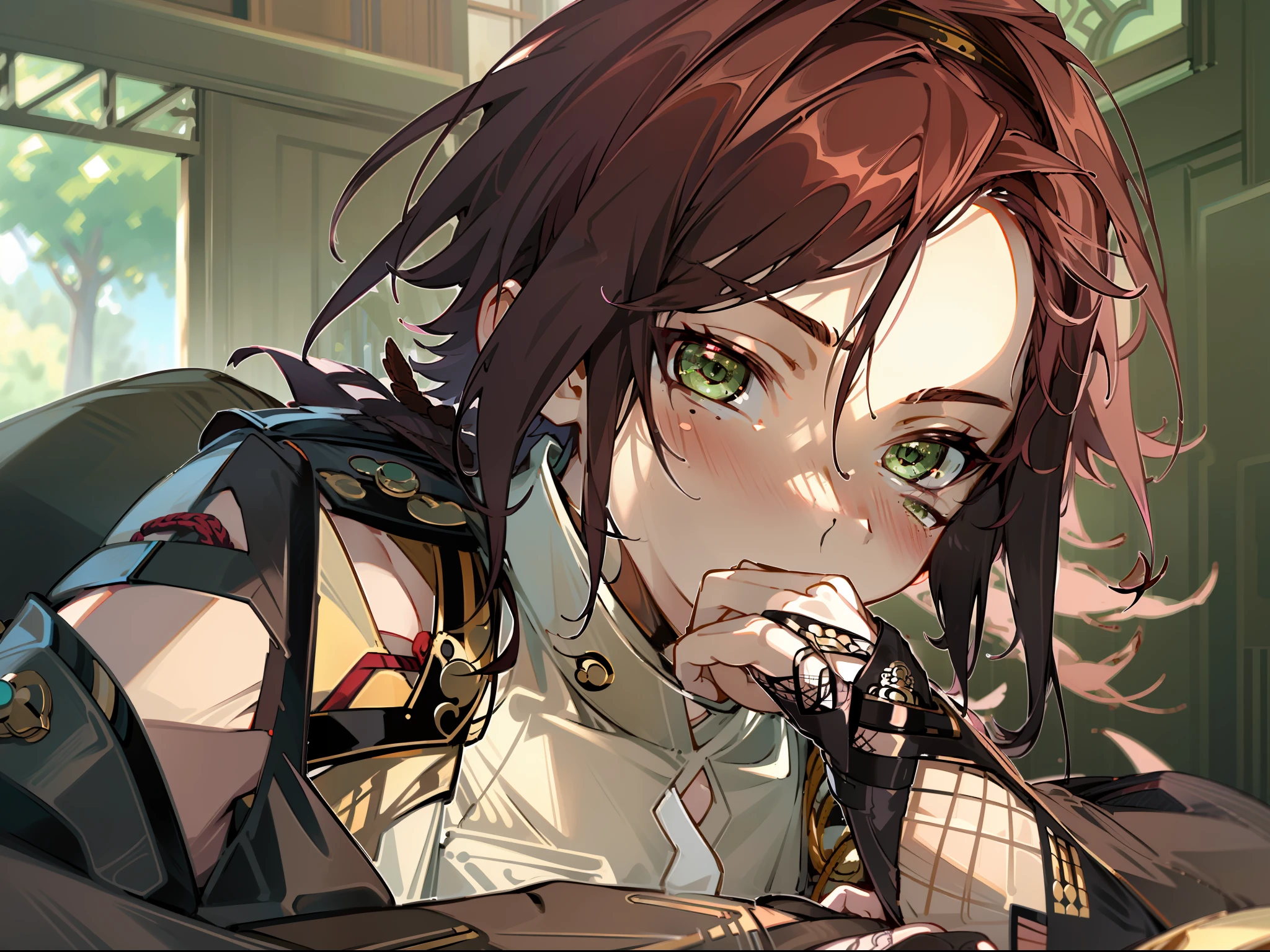 ((highest quality, masterpiece, 4k, finely detailed, detailed eyes, detailed face, intricate details, pixiv, gelbooru)), ((solo)), male focus, 1boy, Shikanoin_Heizou (Genshin_Impact), dark red hair, bright green eyes, slender feminine frame, male, (((lying on bed, submissive pose))), (((submissive expression, looking at viewer, blushing deeply)))