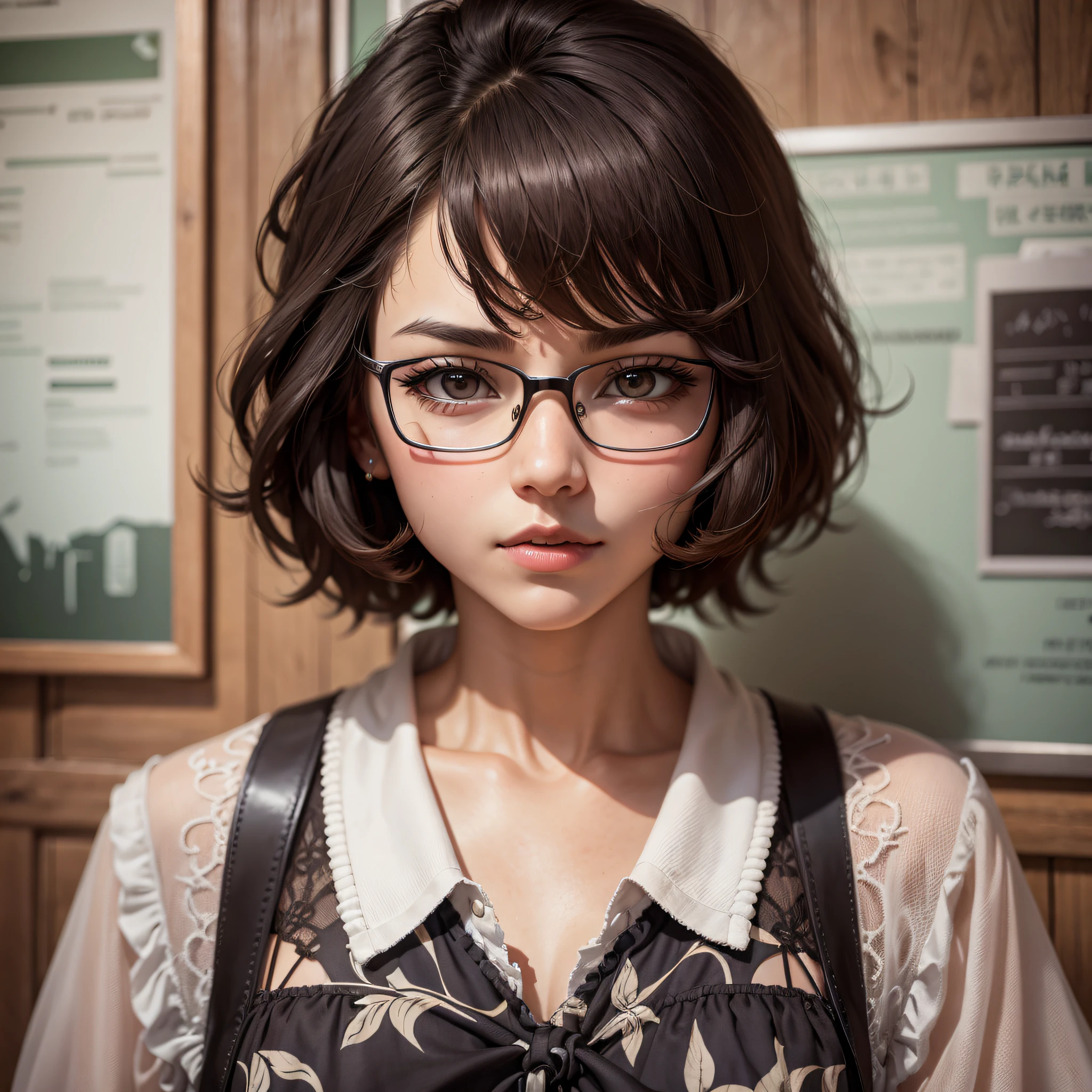 left hand making V sign, hair behind ear, fleshy lips, sarcastic look, knee-length dress