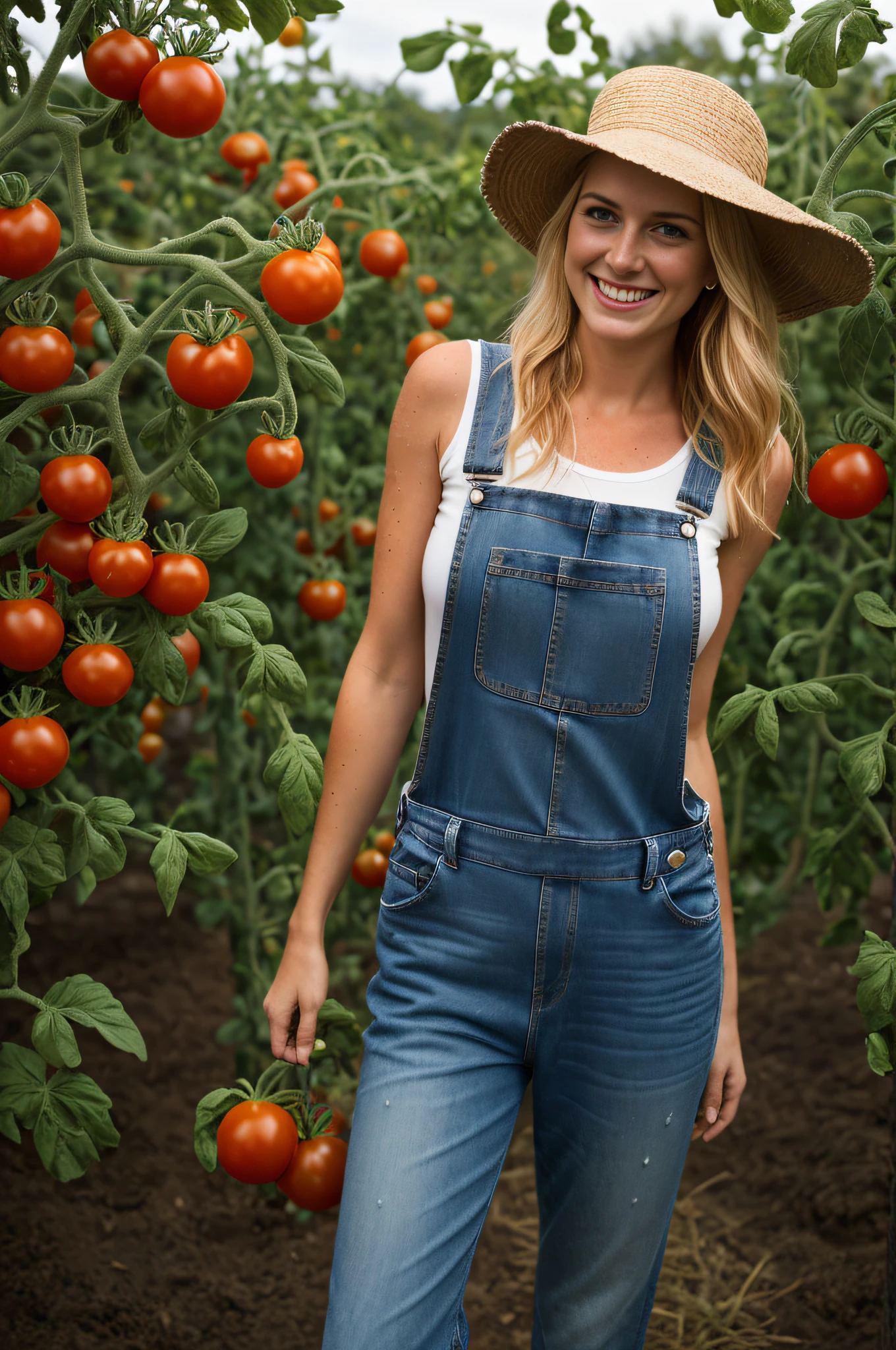 ((hyperrealistic, photorealistic, 8k, intricate details)) 1 attractive blonde woman (hot), beautiful peasant, queen of the field, goddess of tomatoes, lady of lands, 20 years old, fleshy lips, thick thighs, large firm breasts, face with small freckles, silky white skin, blue eyes (sparkle in the eye), straight hair, wearing field hat, sensual low-cut jeans overalls, is sweaty (wet face) standing in front of a tomato plantation during a sunny day (morning), next to a tomato plantation picking them while smiling in sensual pose (showing teeth), (assorted poses), masterpiece, best quality, ultra-detailed, soil, outdoor (warm hue, warm tone): 1.2), close-up, cinematic light, soft side lighting, ultra high resolution, best shade, RAW, upper body, harvesting.