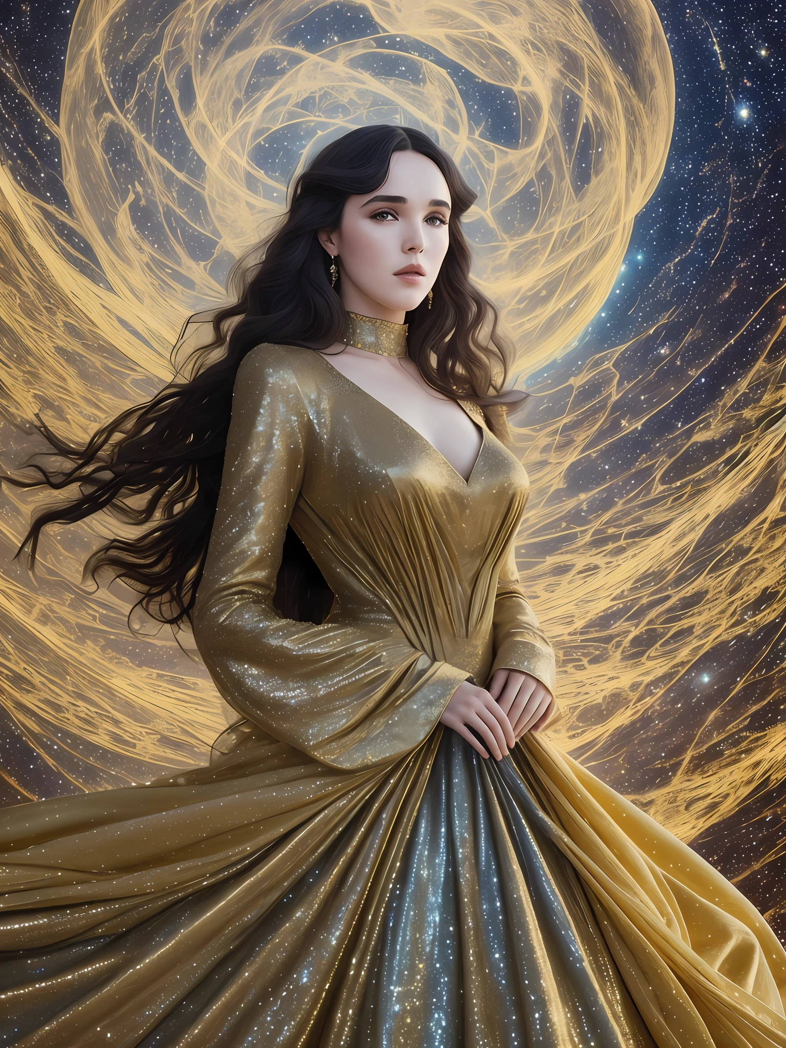 Isabelle Adjani:
Masterpiece Photography Ultra Realistic Description: Isabelle Adjani, the enigmatic French actress, mesmerizes in this hyper-realistic 4K photograph. She is depicted wearing an avant-garde, sculptural gown that defies gravity, with intricate metallic details that shimmer in the light. The photo is set in an otherworldly landscape, where a vast desert meets a vibrant, celestial sky filled with swirling galaxies. Isabelle Adjani's piercing gaze and regal posture exude a sense of otherworldly power and mystery, making her a celestial queen in this ethereal realm.