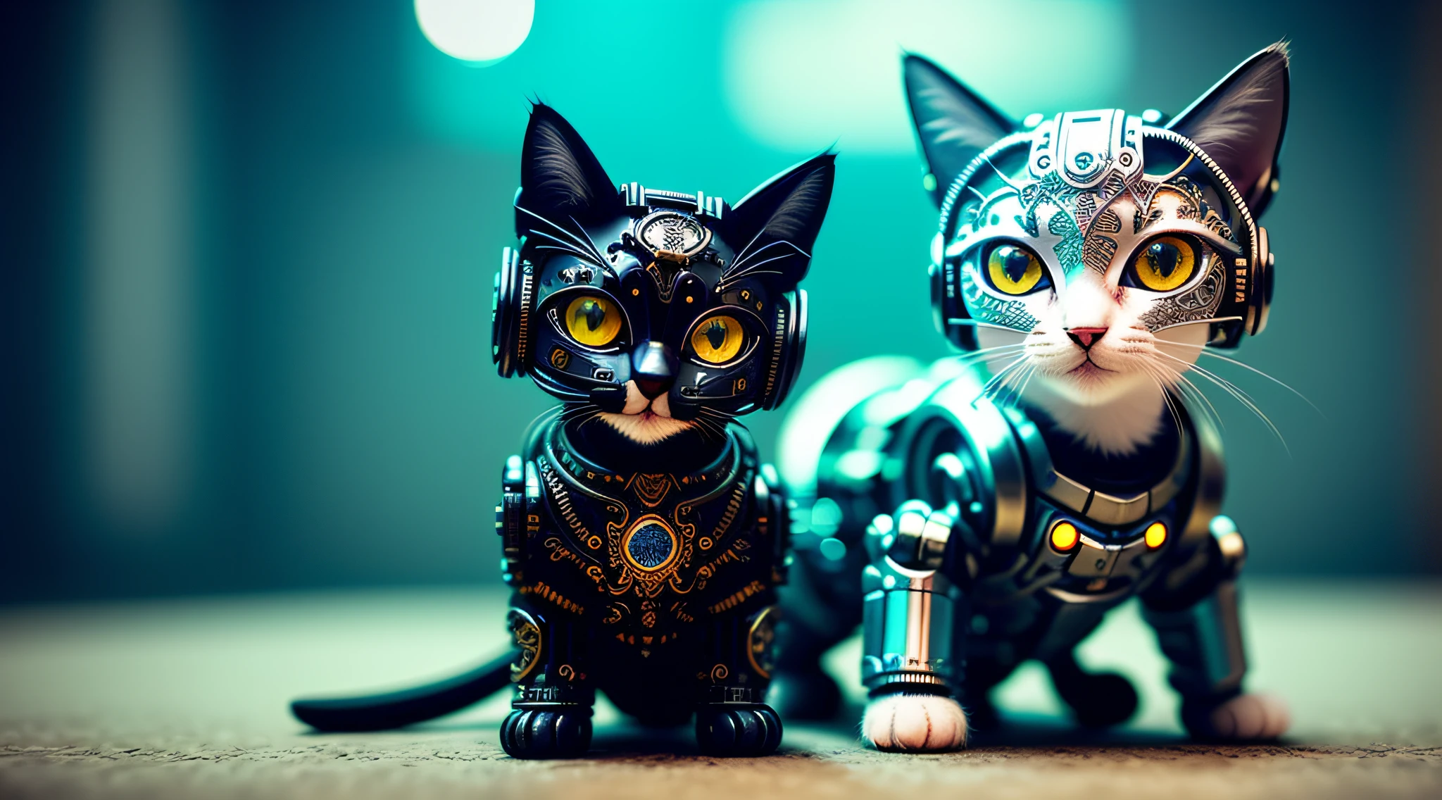 a cute kitten made out of metal, cyborg, cyberpunk style, ((intricate details)), hdr, ((intricate details, hyperdetailed)), cinematic shot, vignette