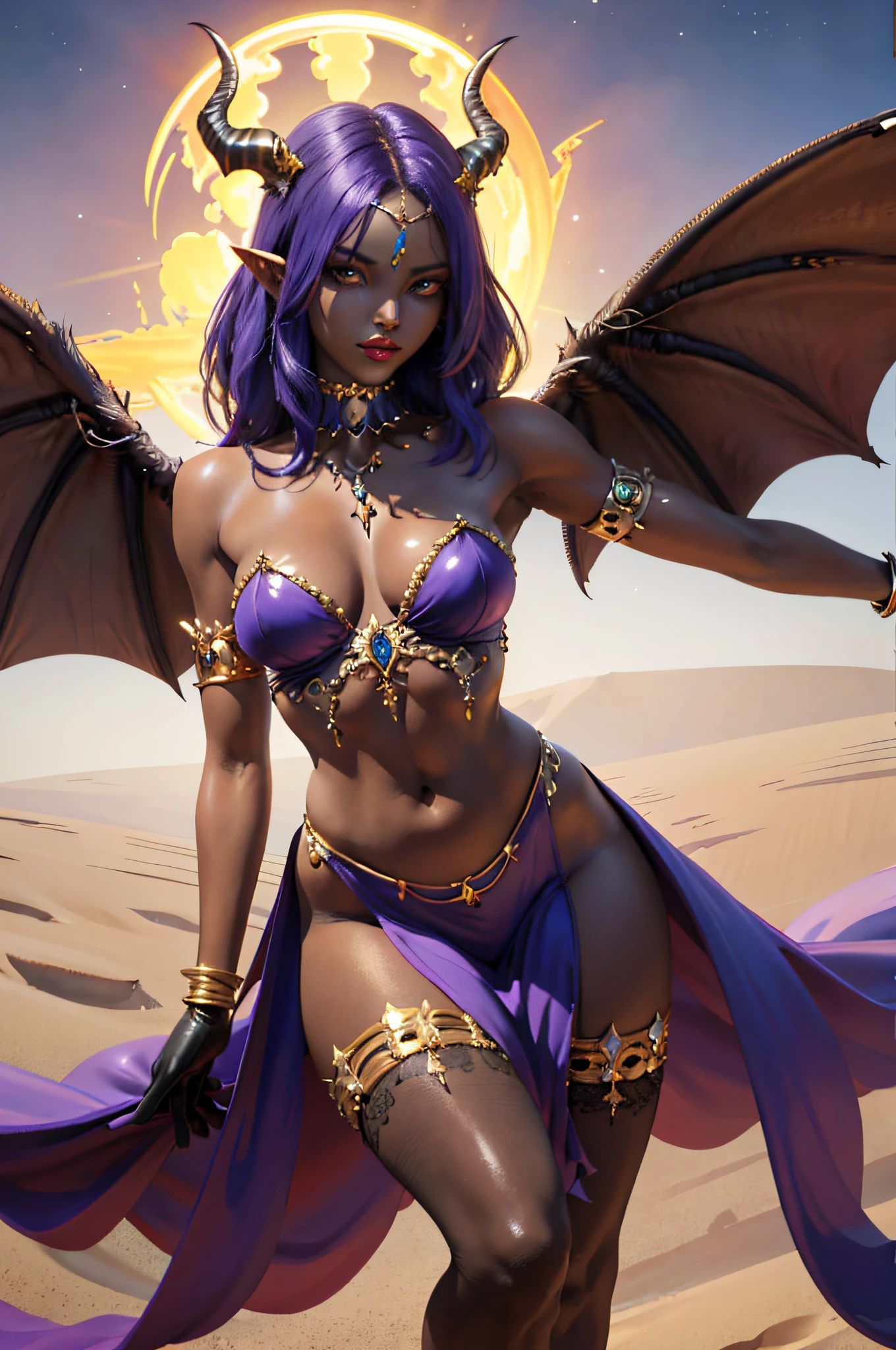 (masterpiece: 1.2, best quality), (1milf, soil), huge breasts, (Dynamic posture), (shiny skin, dark skin), demon girl, thin and lacy gloves, ( small demonic horns:1.1), (Lilith \(Darkstalkers\)), (Sahara Desert), fringe, (jewelry, golden ornament:1.15 ), large pelvis, blue ( pantyhose:1.1)