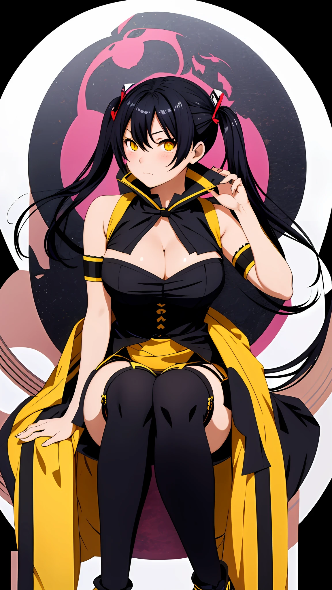 (tamaki kotatsu), Sexy, from above, facing viewer, face close up, cleavage, yellow eyes, black hair, twintail, busty, solid background, full body, 8k, absurd quality, beautiful face, hands out of frame,absurd res, high res, (masterpiece:1.4), ultra-detailed, 1girl, from front, jumping, stockings, black hair, heart shape eyes, yellow eyes, garter belt, yandere, twintail