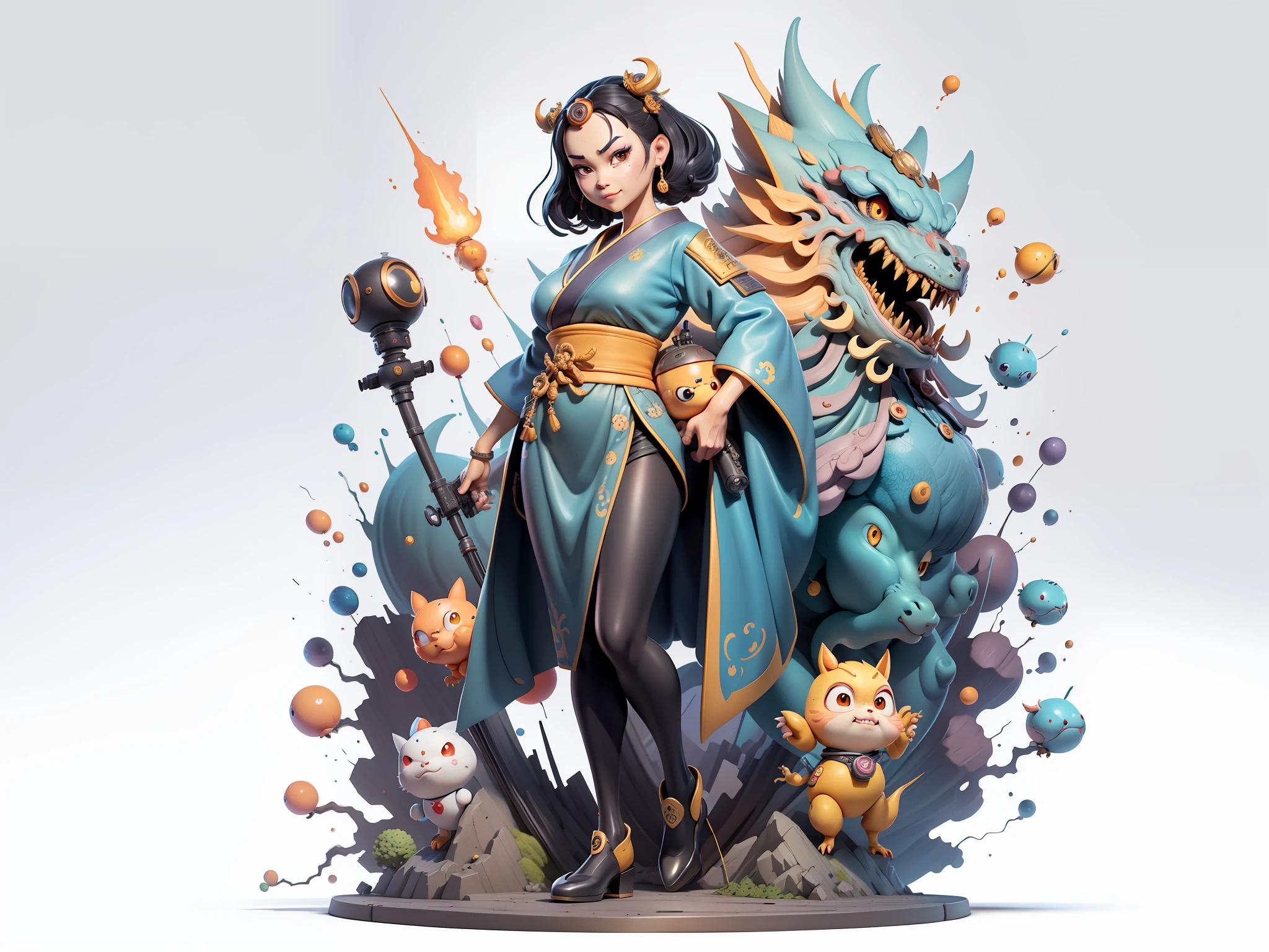 (Masterpiece), (Excellent), (Super Meticulous), (Full Body: 1.2), Super Young Woman, Japanese Female Geisha, Beautiful, Chinese Dragon, Sexy, Bursting, Oriental Face, TV Anchor, Bust Portrait Illustration, Alone, Black Suit, Blue Tie, Slightly Chubby Face, Very Clean Face, No Beard, Black Super Short Hair, Black Eyes, Confident Smile, 3c Computer Sub-Products, iPad, iPhone, Digital Painting, 3D Character Design by Mark Clairen and Pixar and Hayao Miyazaki and Akira Toriyama, The illustration is a high-definition illustration in 4K resolution with very detailed facial features and cartoon-style visuals.
