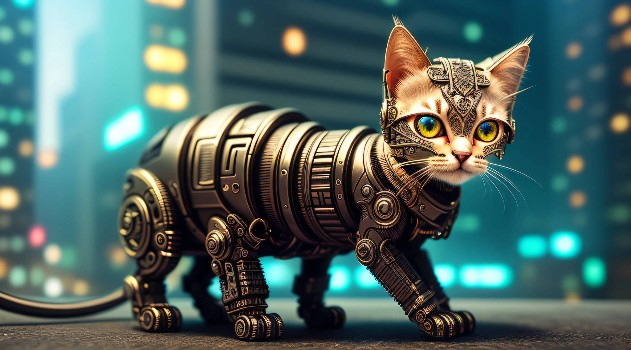 a cute kitten made out of metal, cyborg, cyberpunk style, ((intricate details)), hdr, ((intricate details, hyperdetailed)), cinematic shot, vignette