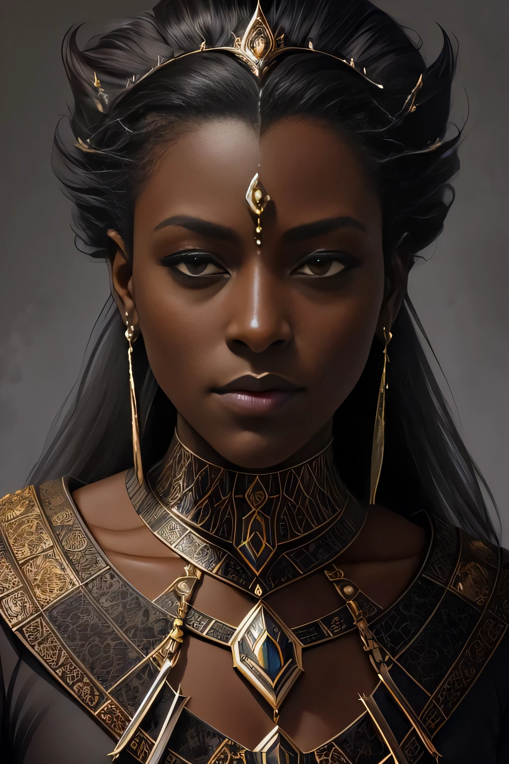 character design concept art, (dark skinned:1.3), evil, (regal), monarch, magnificent, posh, (dreds:0.9), high fantasy, portrait, perfect rendered face, perfect face details, grim, medium shot, by Richard Corben, by Miles Aldridge, by John Atkinson Grimshaw