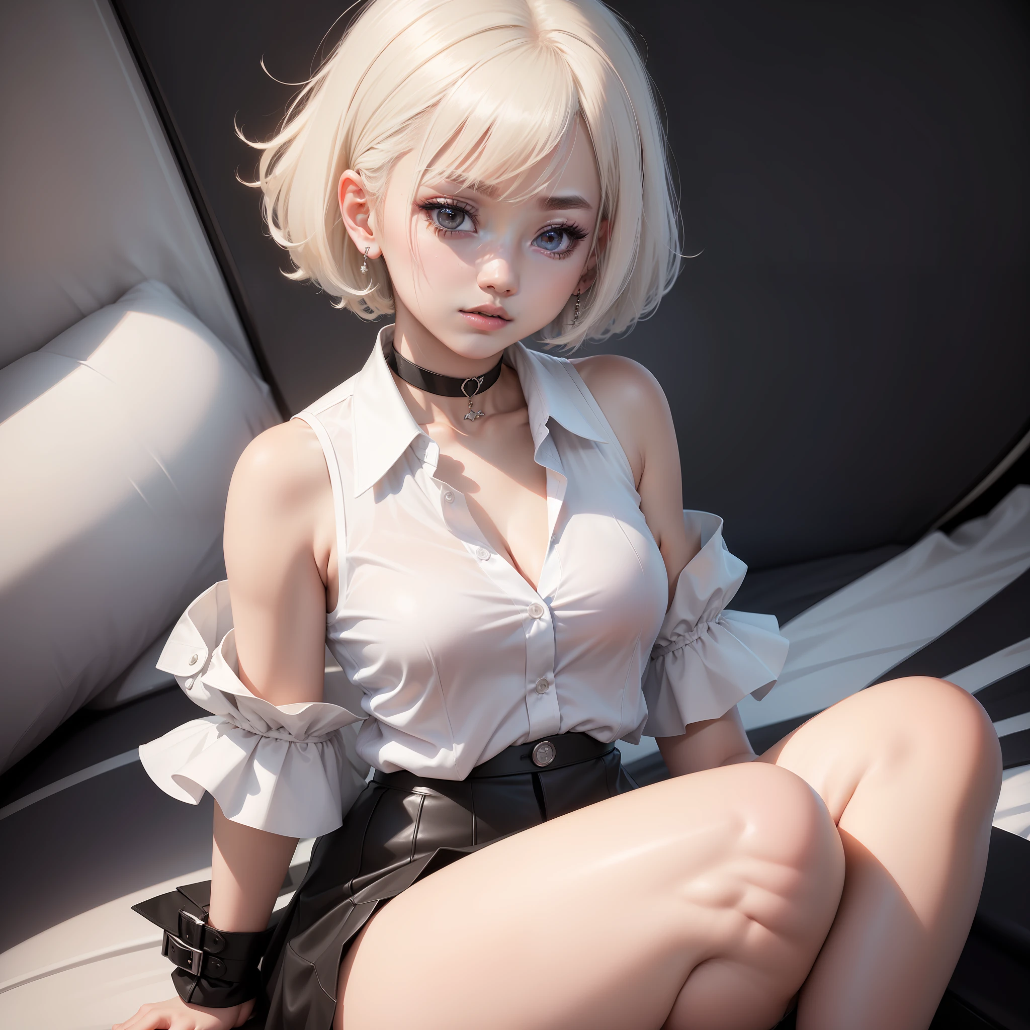 best quality, ultra high res, 1girl, sleeveless white button shirt, black skirt, black choker, cute, (Kpop idol), (aegyo sal:1), (platinum blonde hair:1), ((puffy eyes)), looking at viewer, full body, facing front