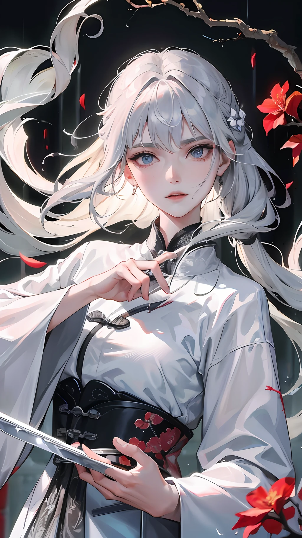 Masterpiece, Superb Class, Night, Outdoor, Rainy Day, Branches, Chinese Style, Ancient China, 1 Woman, Mature Woman, Silver-White Long-Haired Woman, Gray-Blue Eyes, Pale Pink Lips, Indifference, Seriousness, Bangs, Assassin, Sword, White Clothes, Blood, Blood, Violence, Death, Injury, Blood, Facial Bloodstain, Facial Details, Facial Details,