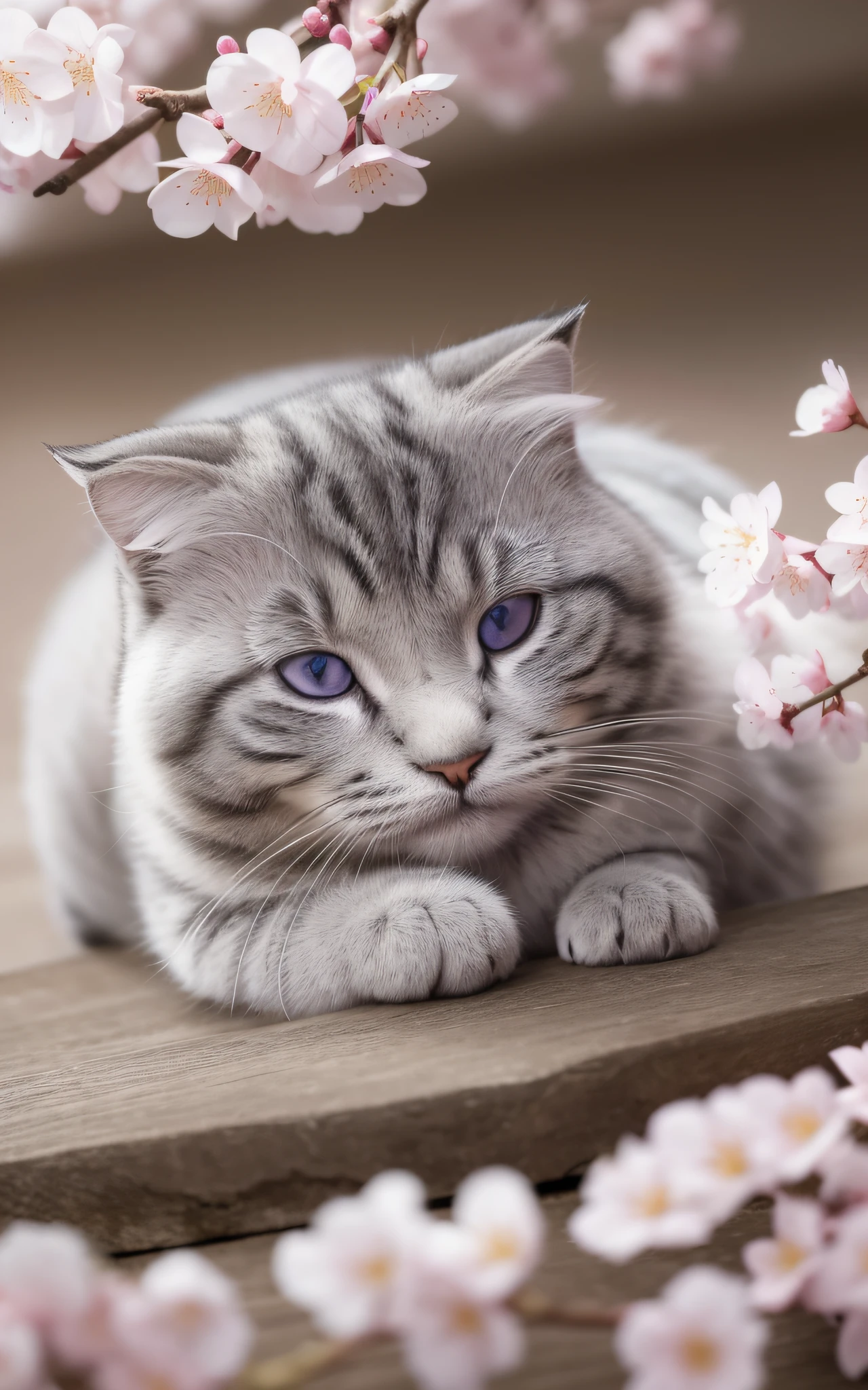 A silver-furred Scottish Fold is sleeping on top of cherry blossom petals. Its round face and folded ears beautifully harmonize with the spring scenery.